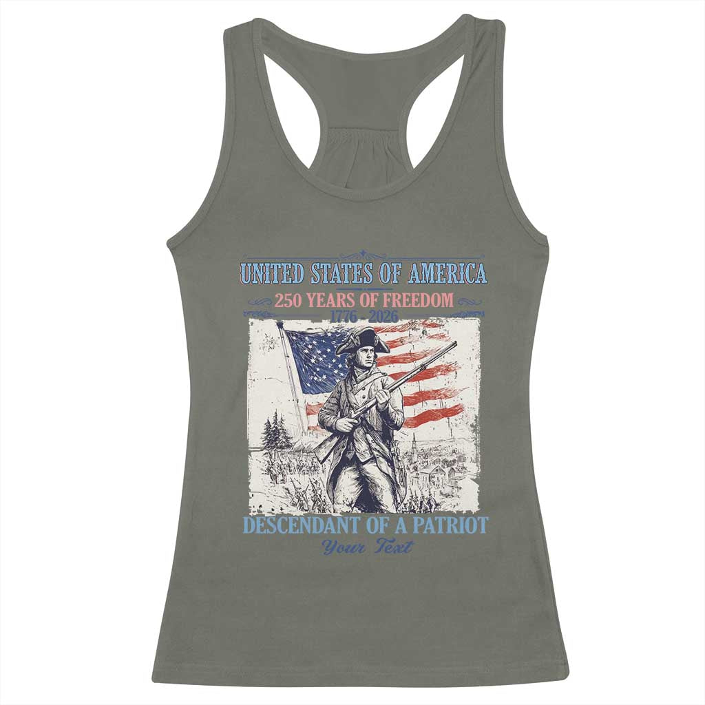 Custom Name Descendant of a Patriot USA 250 Years of Freedom Personalized Racerback Tank Top 1776-2026 Revolutionary War Heritage