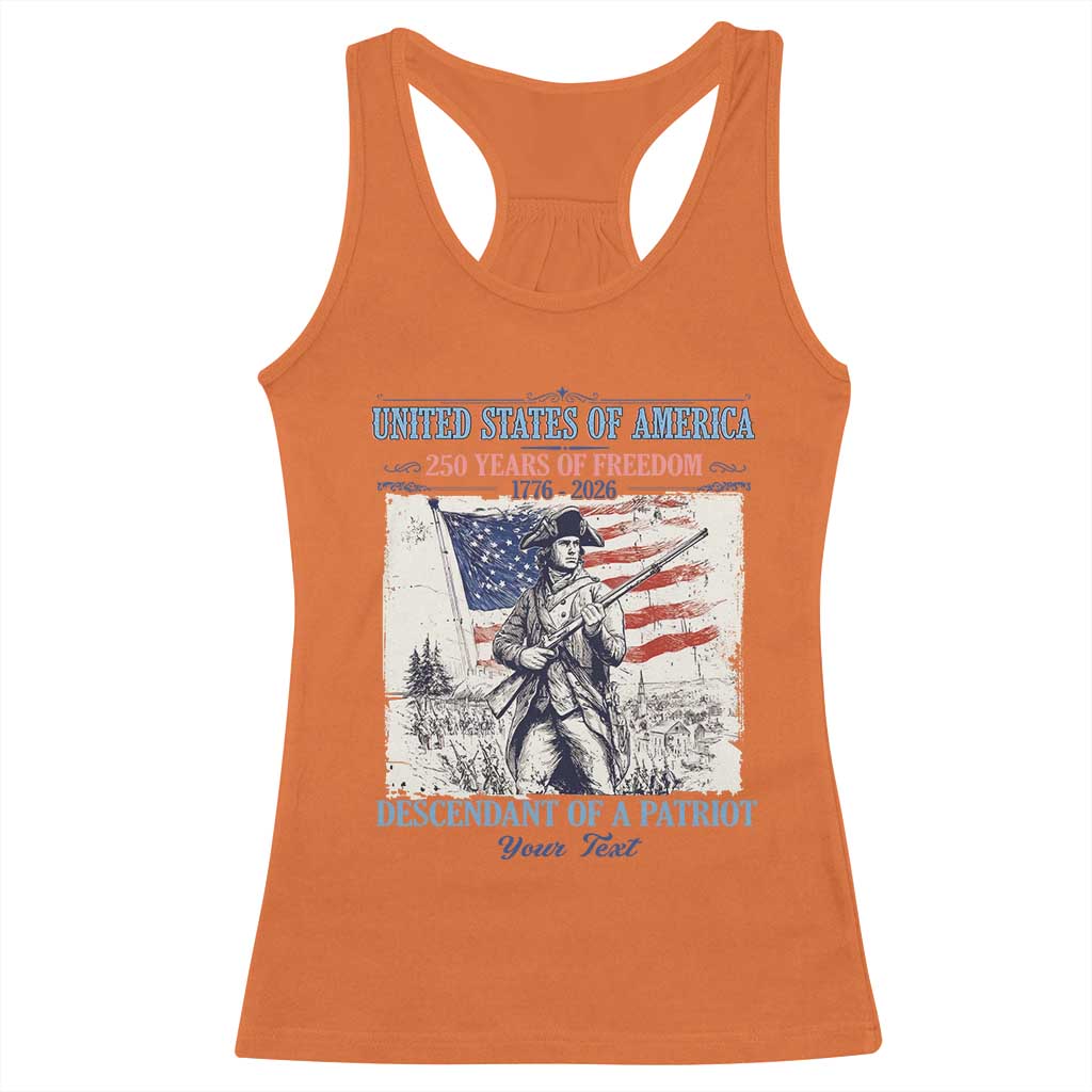 Custom Name Descendant of a Patriot USA 250 Years of Freedom Personalized Racerback Tank Top 1776-2026 Revolutionary War Heritage