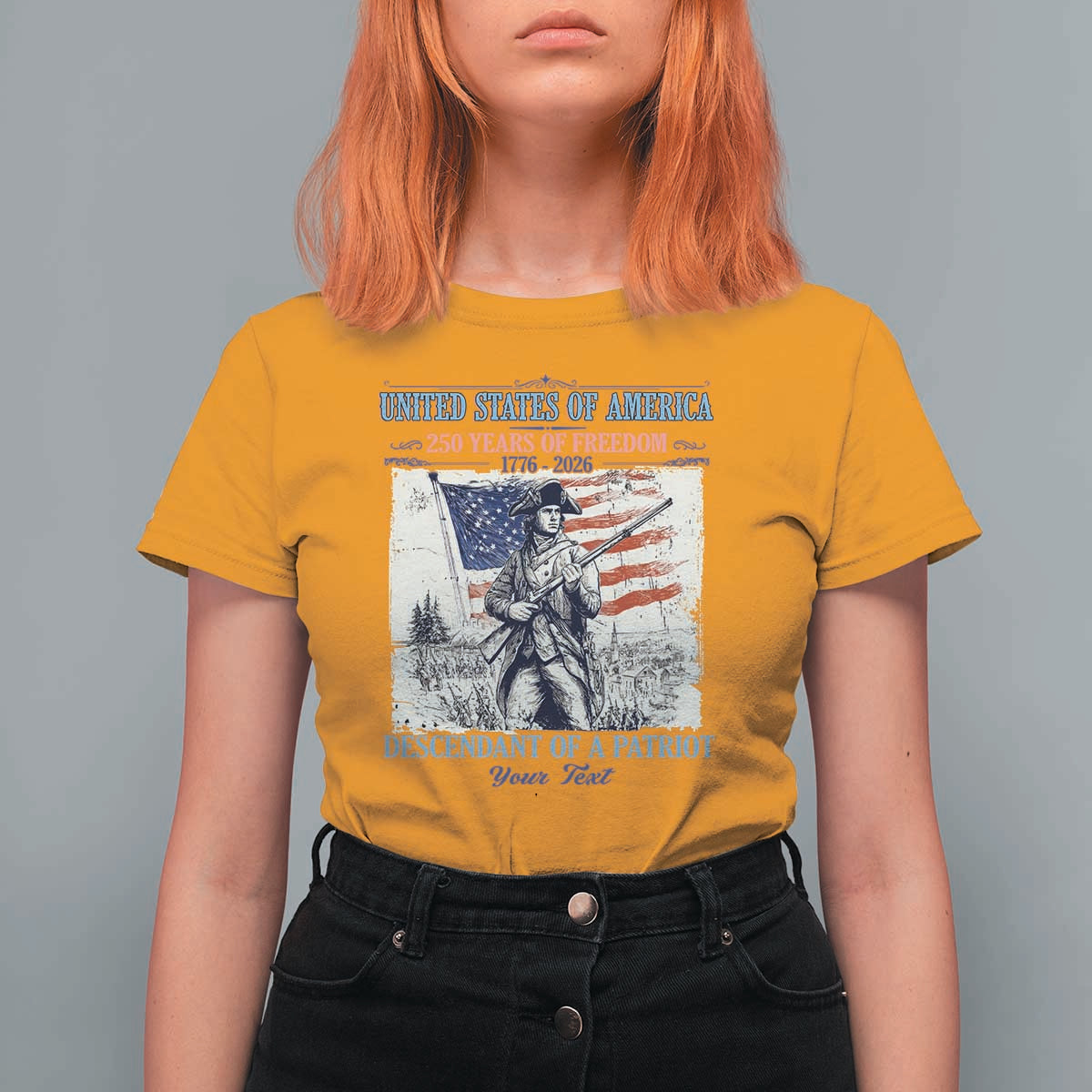Custom Name Descendant of a Patriot USA 250 Years of Freedom Personalized T Shirt For Women 1776-2026 Revolutionary War Heritage