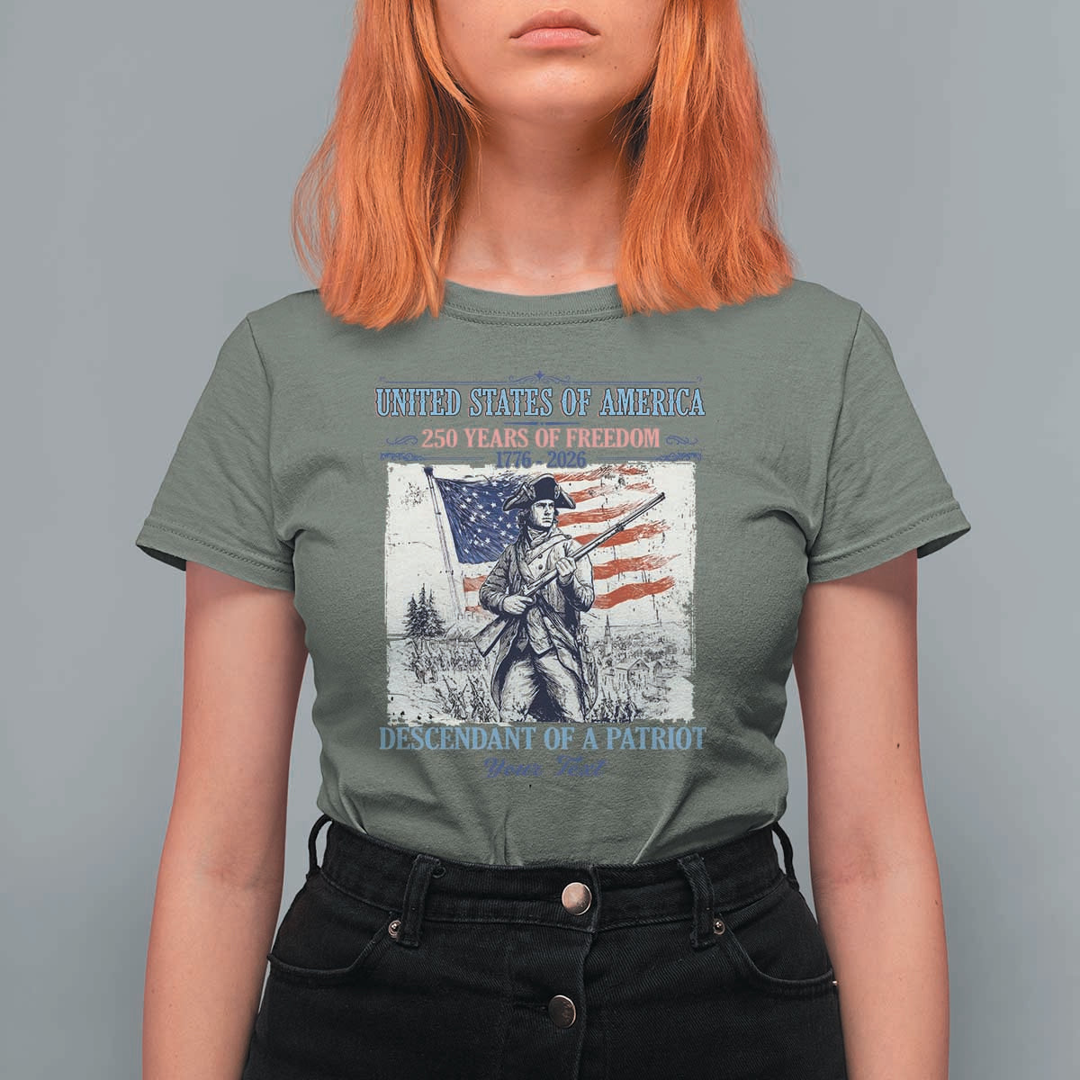 Custom Name Descendant of a Patriot USA 250 Years of Freedom Personalized T Shirt For Women 1776-2026 Revolutionary War Heritage