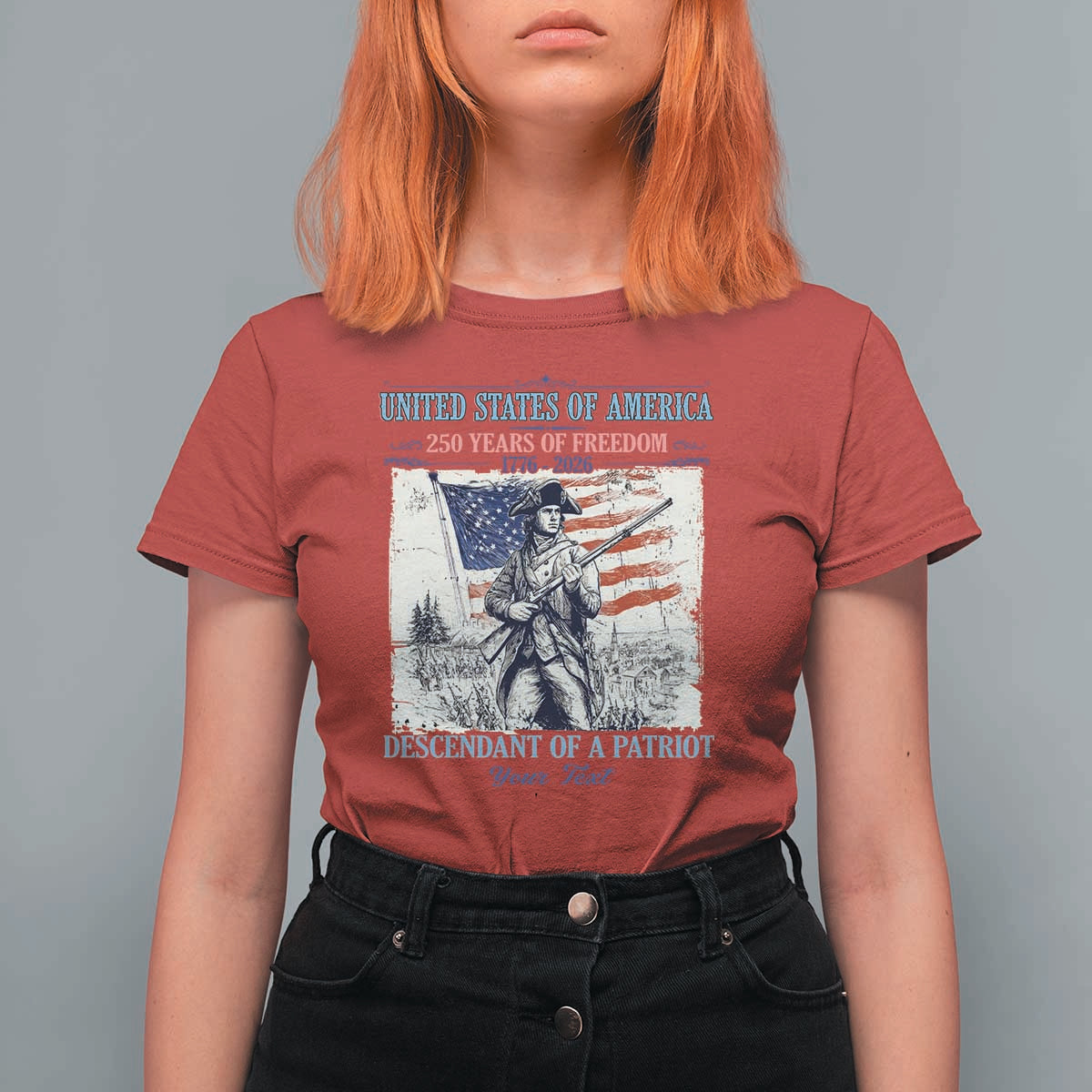 Custom Name Descendant of a Patriot USA 250 Years of Freedom Personalized T Shirt For Women 1776-2026 Revolutionary War Heritage
