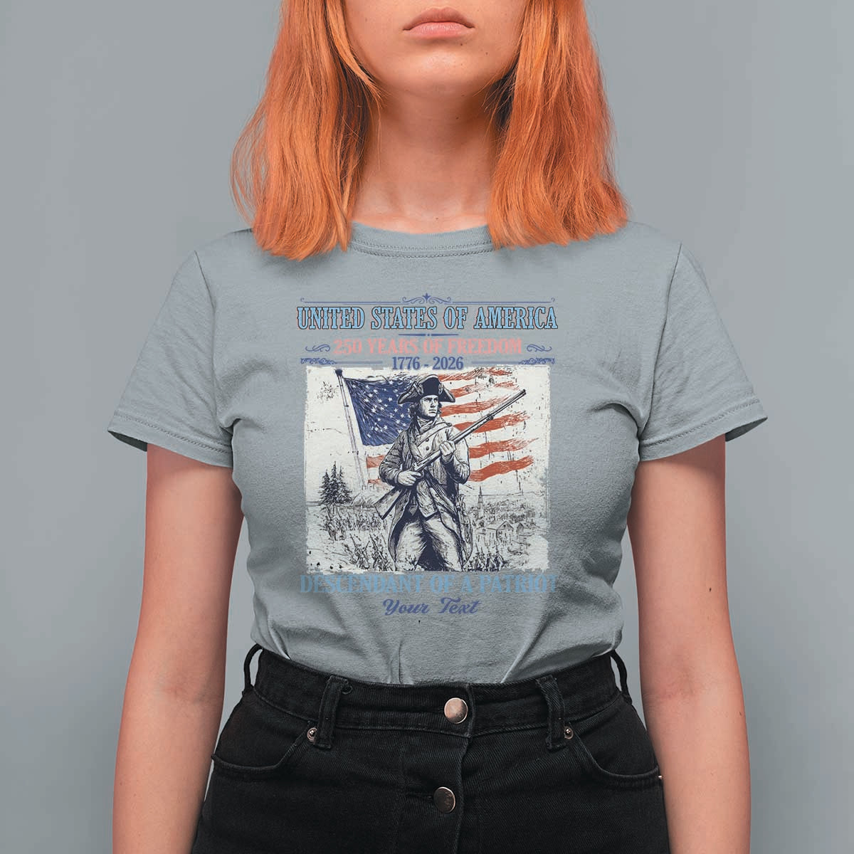 Custom Name Descendant of a Patriot USA 250 Years of Freedom Personalized T Shirt For Women 1776-2026 Revolutionary War Heritage