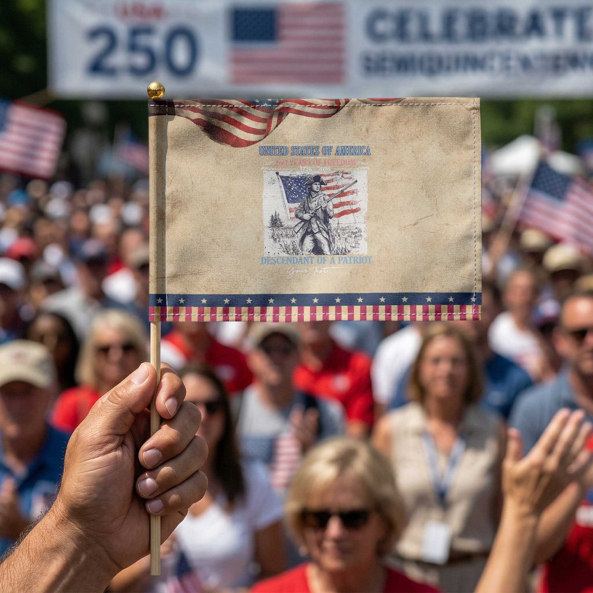 Custom Name Descendant of a Patriot USA 250 Years of Freedom Personalized Patriotic Handheld Flag 1776-2026 Revolutionary War Heritage