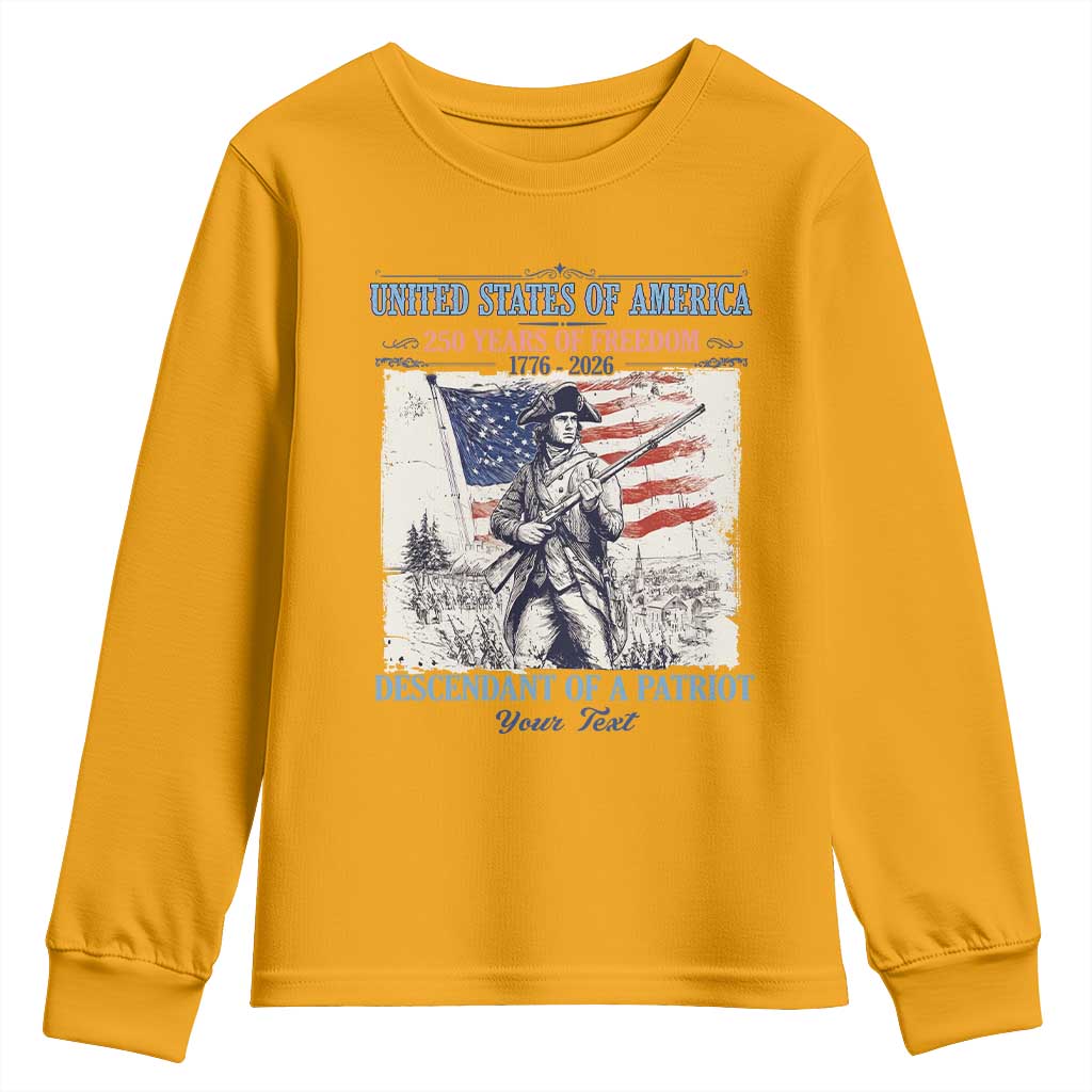 Custom Name Descendant of a Patriot USA 250 Years of Freedom Personalized Youth Sweatshirt 1776-2026 Revolutionary War Heritage