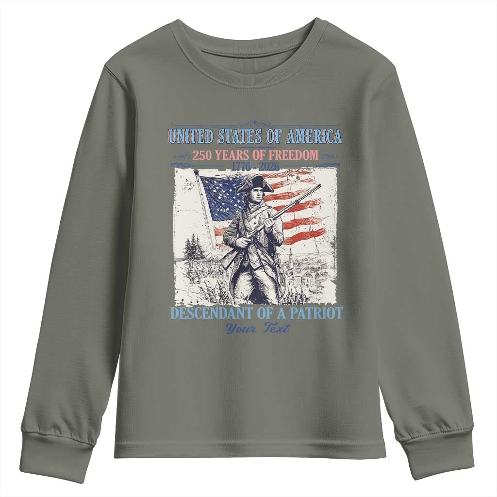 Custom Name Descendant of a Patriot USA 250 Years of Freedom Personalized Youth Sweatshirt 1776-2026 Revolutionary War Heritage