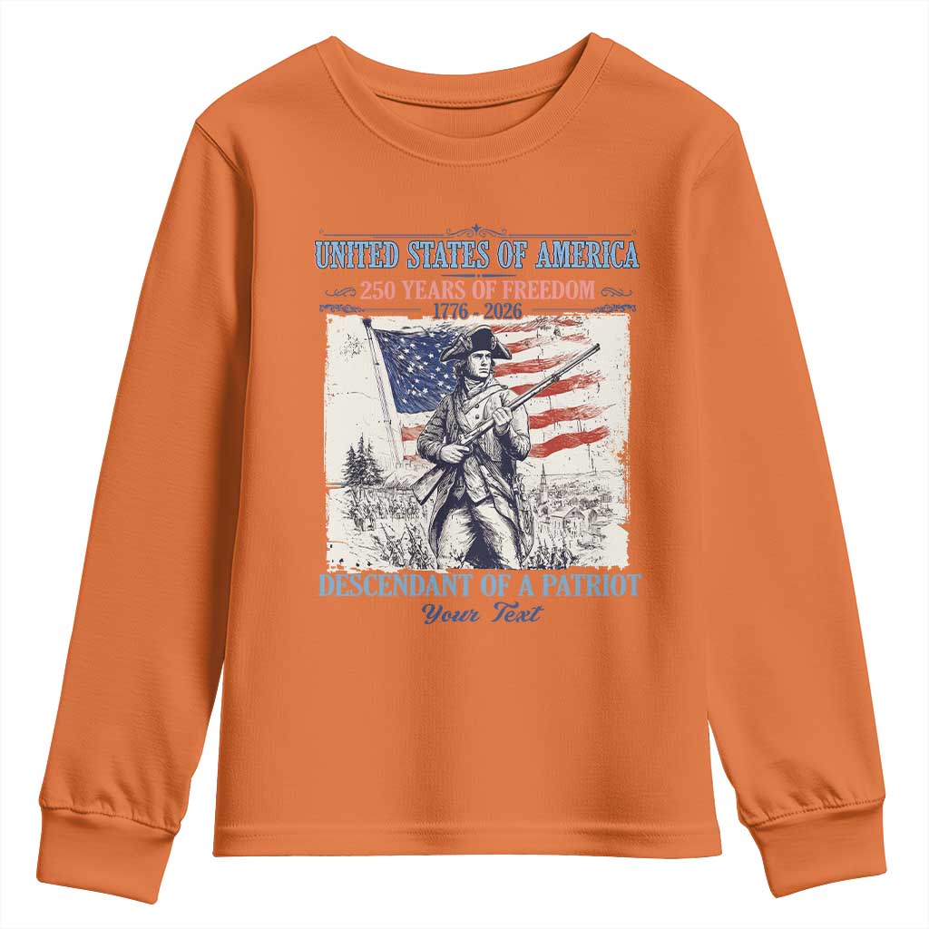 Custom Name Descendant of a Patriot USA 250 Years of Freedom Personalized Youth Sweatshirt 1776-2026 Revolutionary War Heritage