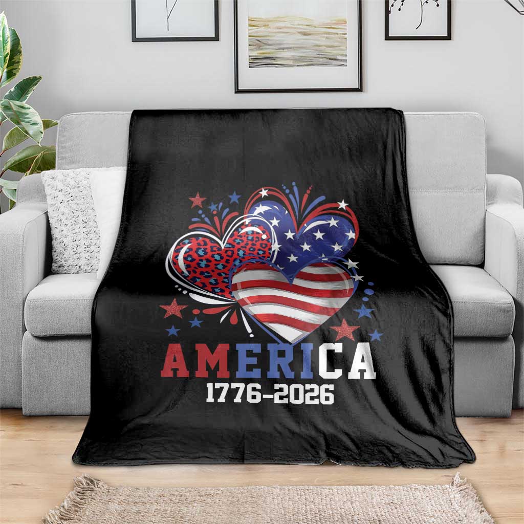 America 1776-2026 Patriotic Hearts Throw Blanket Semiquincentennial 250th Anniversary Red White Blue Stars and Stripes