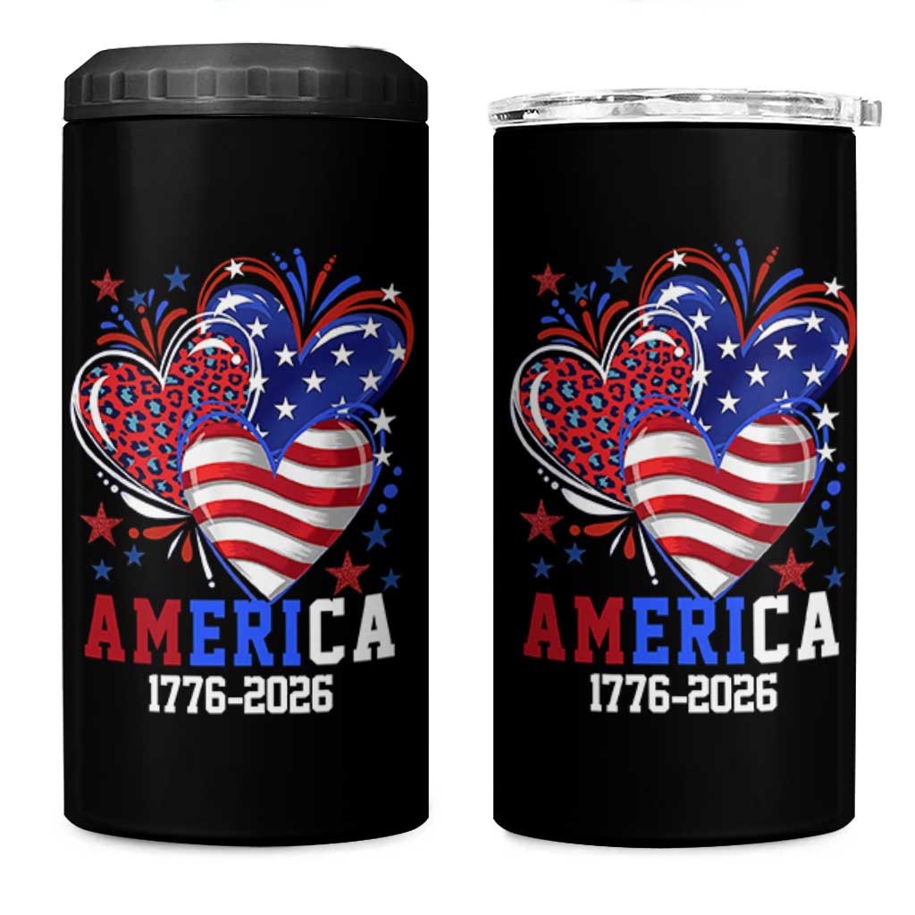 America 1776-2026 Patriotic Hearts 4 in 1 Can Cooler Tumbler Semiquincentennial 250th Anniversary Red White Blue Stars and Stripes