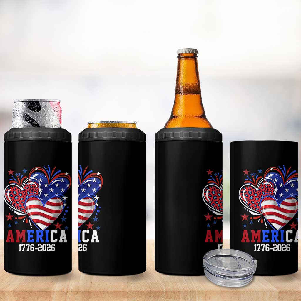 America 1776-2026 Patriotic Hearts 4 in 1 Can Cooler Tumbler Semiquincentennial 250th Anniversary Red White Blue Stars and Stripes