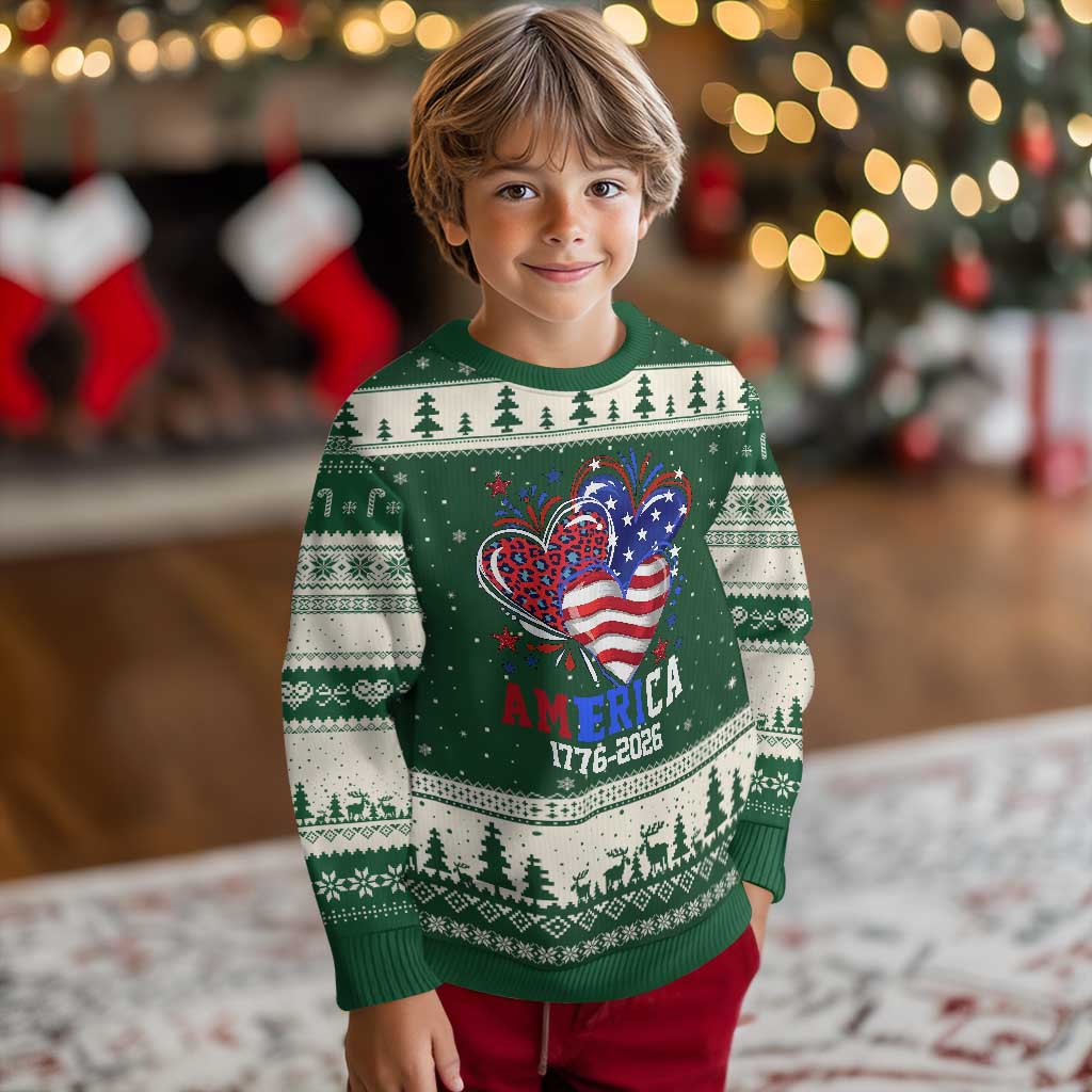 America 1776-2026 Patriotic Hearts Ugly Christmas Sweater Semiquincentennial 250th Anniversary Red White Blue Stars and Stripes