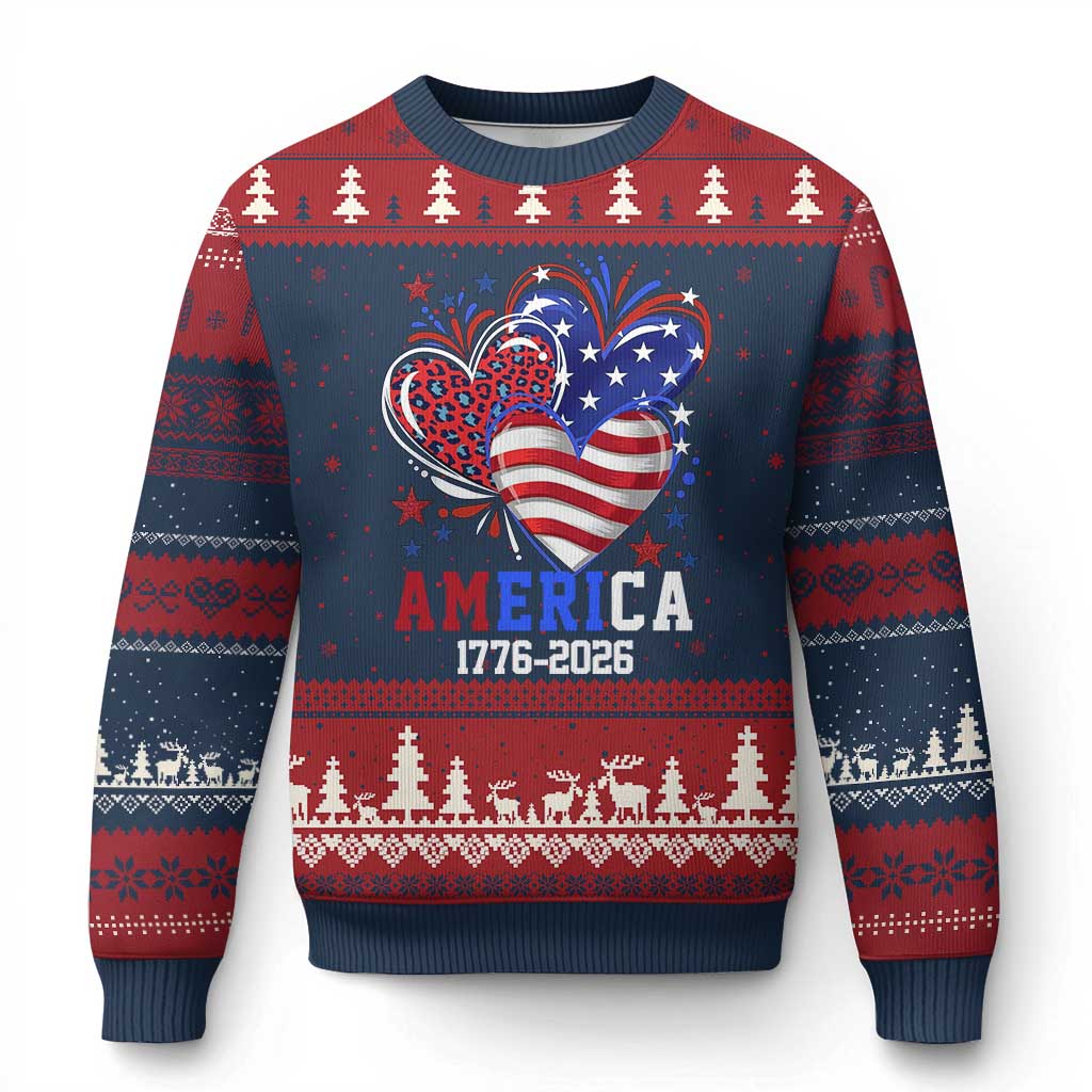 America 1776-2026 Patriotic Hearts Ugly Christmas Sweater Semiquincentennial 250th Anniversary Red White Blue Stars and Stripes