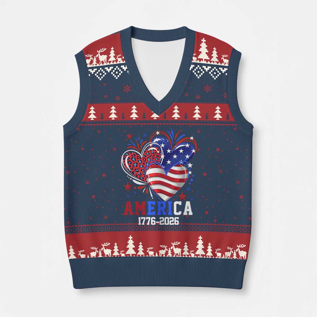 America 1776-2026 Patriotic Hearts V-Neck Knit Sweater Vest Semiquincentennial 250th Anniversary Red White Blue Stars and Stripes