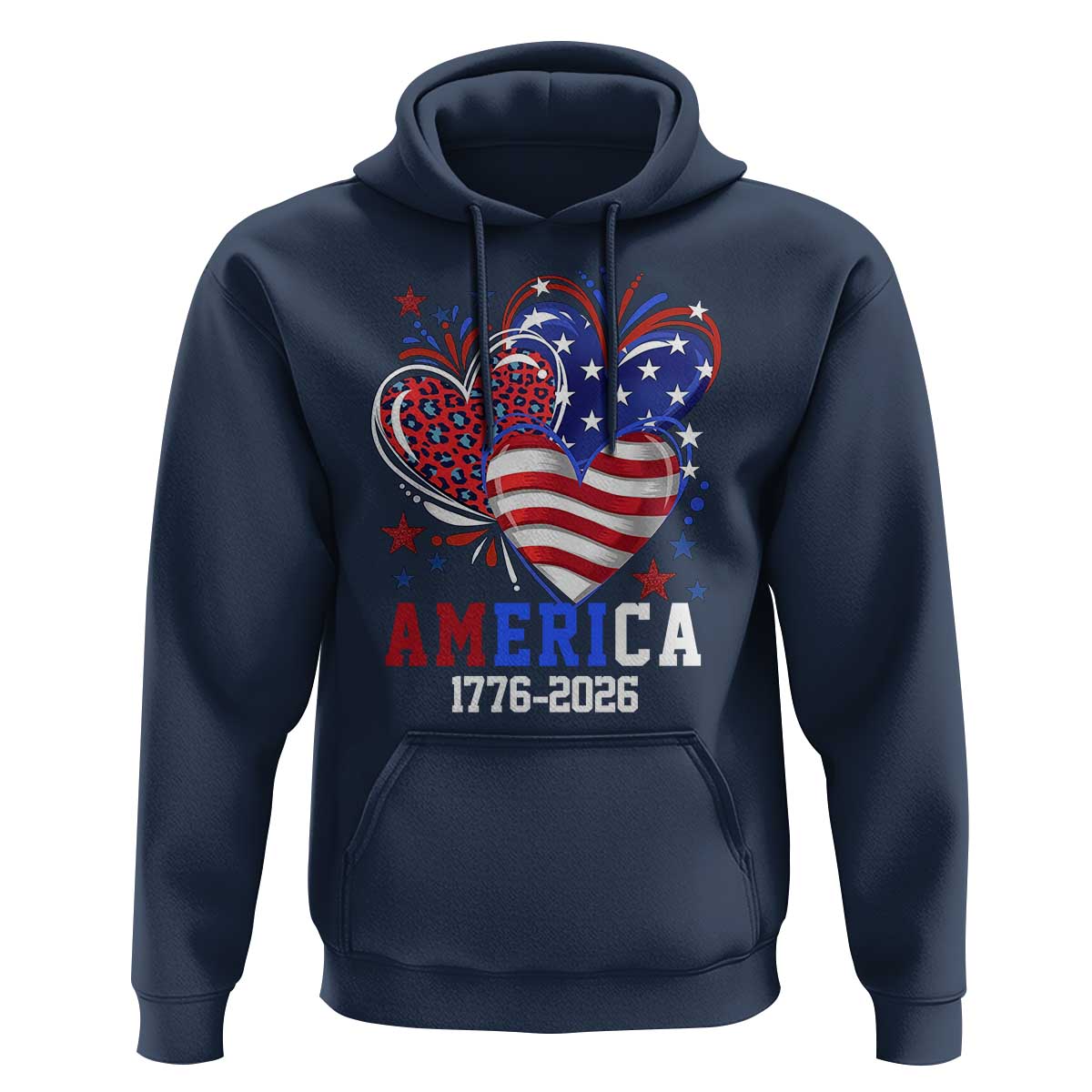 America 1776-2026 Patriotic Hearts Hoodie Semiquincentennial 250th Anniversary Red White Blue Stars and Stripes