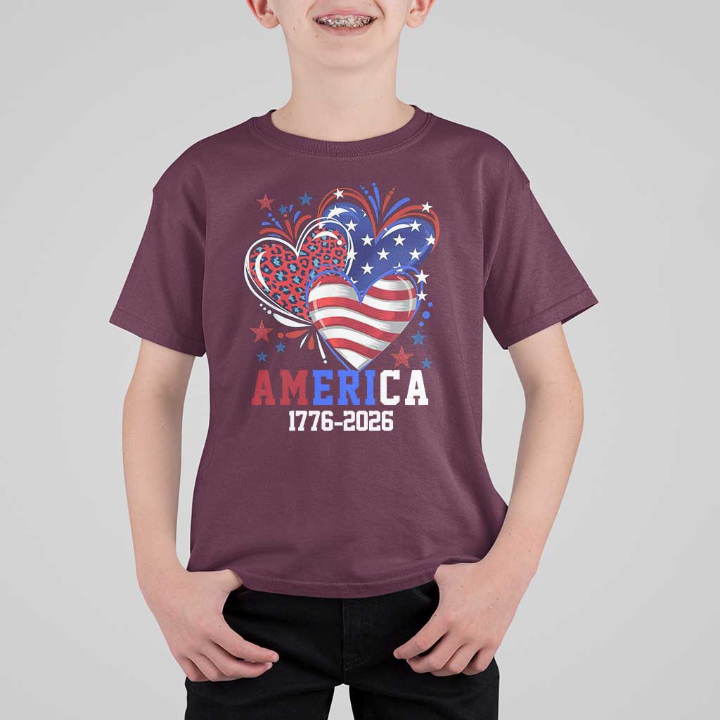 America 1776-2026 Patriotic Hearts T Shirt For Kid Semiquincentennial 250th Anniversary Red White Blue Stars and Stripes
