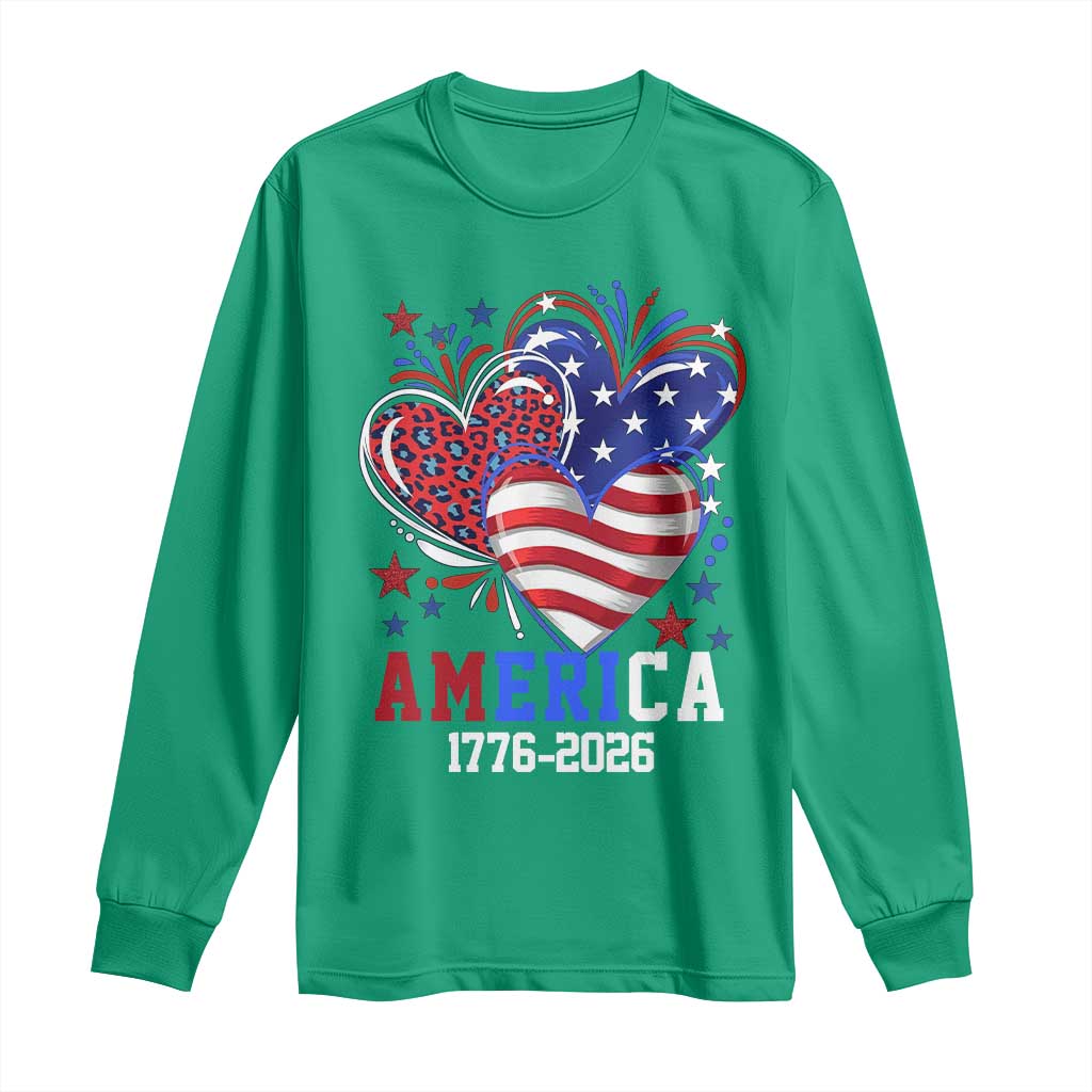 America 1776-2026 Patriotic Hearts Long Sleeve Shirt Semiquincentennial 250th Anniversary Red White Blue Stars and Stripes