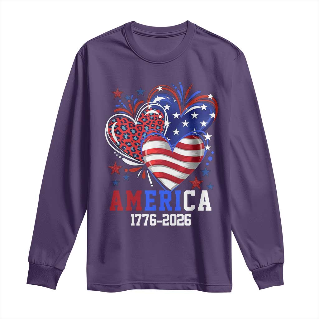 America 1776-2026 Patriotic Hearts Long Sleeve Shirt Semiquincentennial 250th Anniversary Red White Blue Stars and Stripes