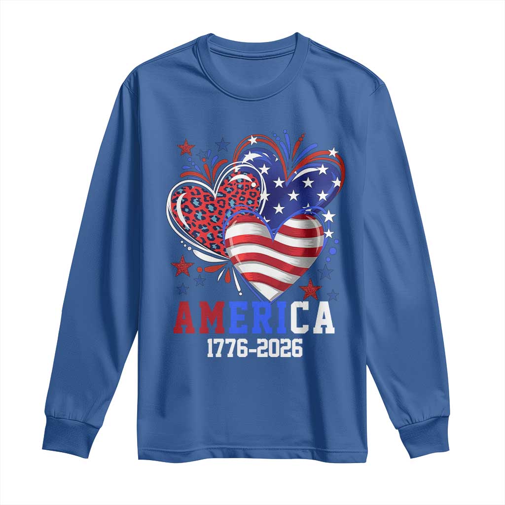 America 1776-2026 Patriotic Hearts Long Sleeve Shirt Semiquincentennial 250th Anniversary Red White Blue Stars and Stripes