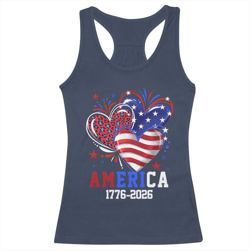 America 1776-2026 Patriotic Hearts Racerback Tank Top Semiquincentennial 250th Anniversary Red White Blue Stars and Stripes