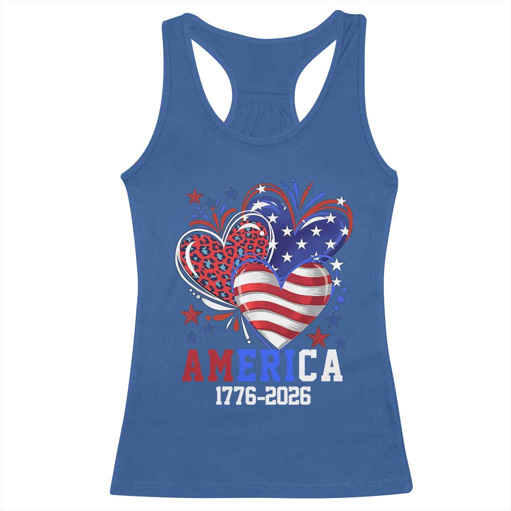 America 1776-2026 Patriotic Hearts Racerback Tank Top Semiquincentennial 250th Anniversary Red White Blue Stars and Stripes