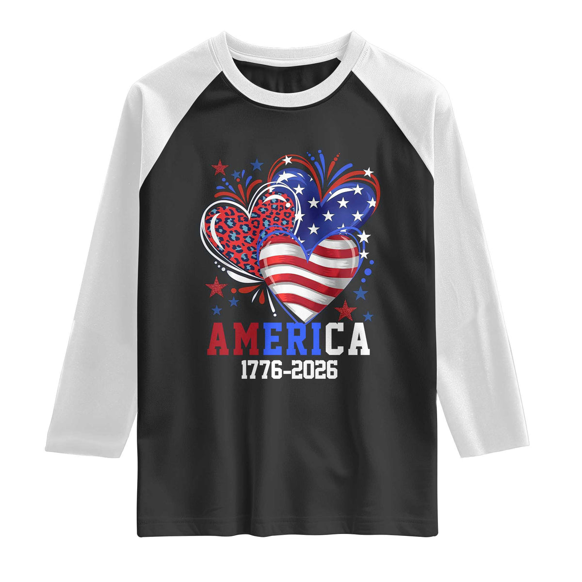 America 1776-2026 Patriotic Hearts Raglan Shirt Semiquincentennial 250th Anniversary Red White Blue Stars and Stripes