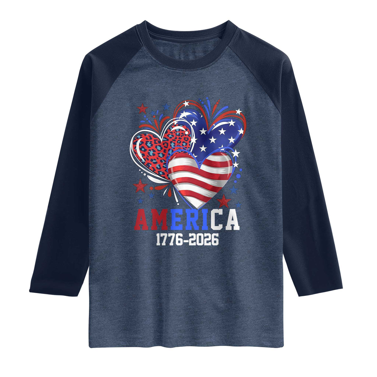 America 1776-2026 Patriotic Hearts Raglan Shirt Semiquincentennial 250th Anniversary Red White Blue Stars and Stripes