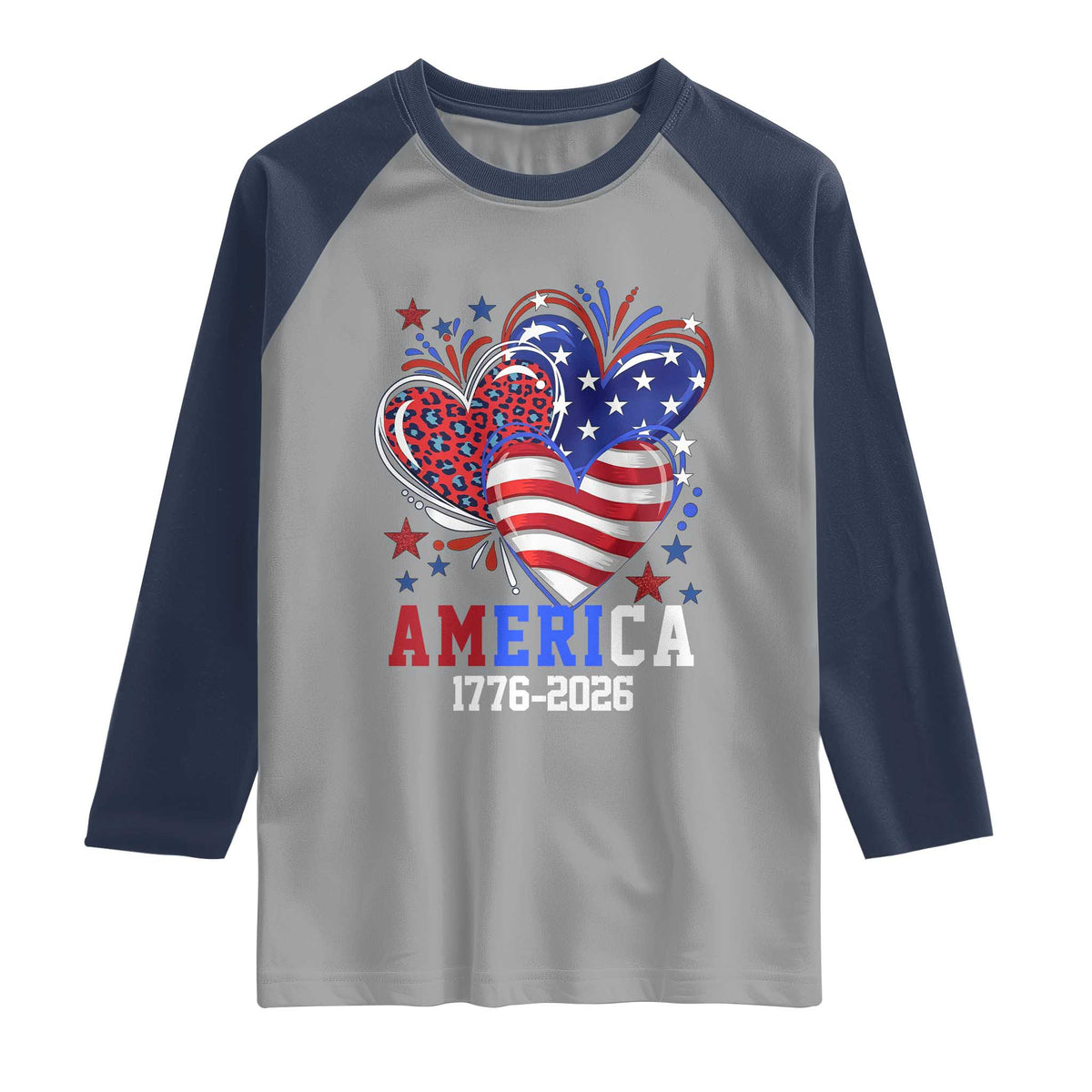 America 1776-2026 Patriotic Hearts Raglan Shirt Semiquincentennial 250th Anniversary Red White Blue Stars and Stripes