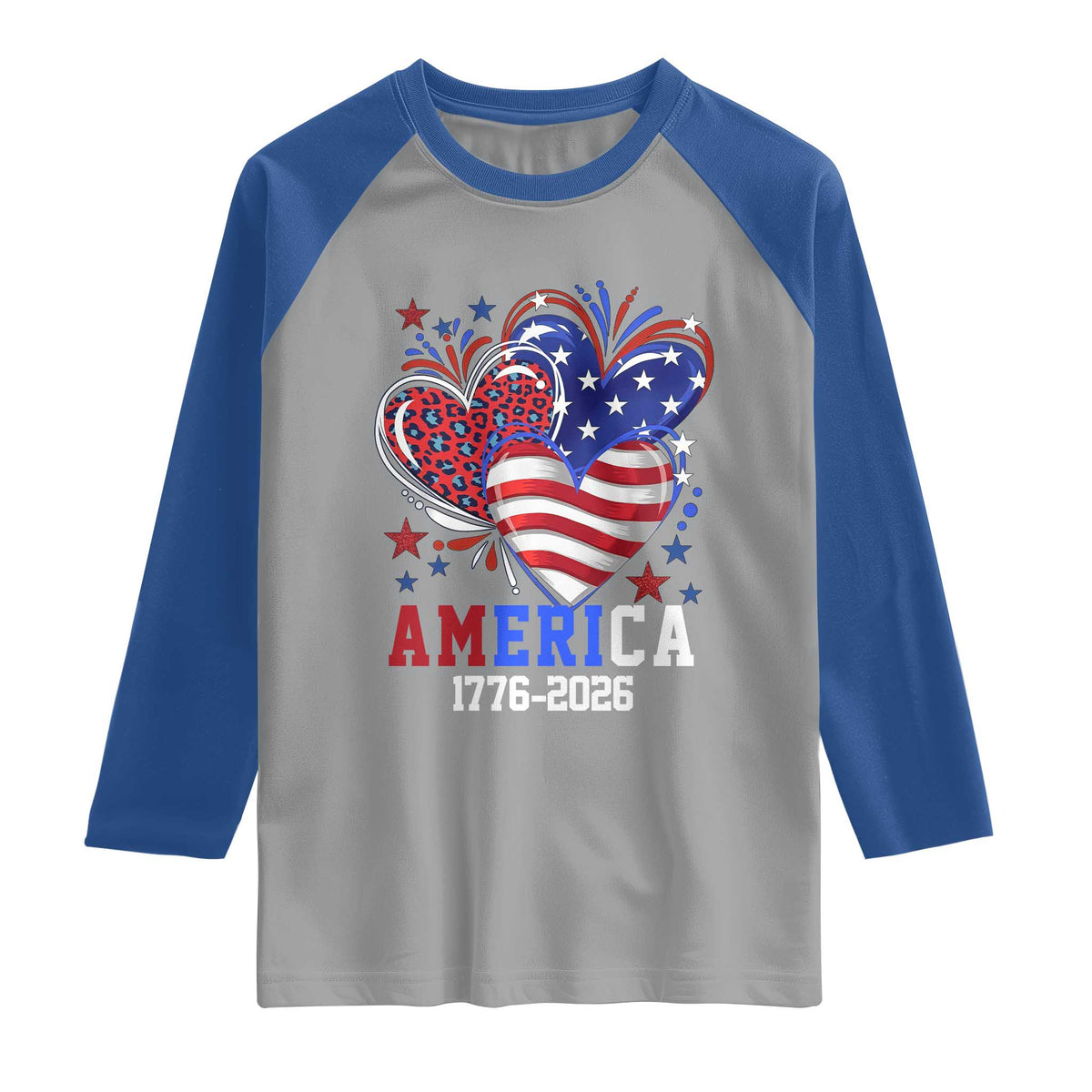 America 1776-2026 Patriotic Hearts Raglan Shirt Semiquincentennial 250th Anniversary Red White Blue Stars and Stripes