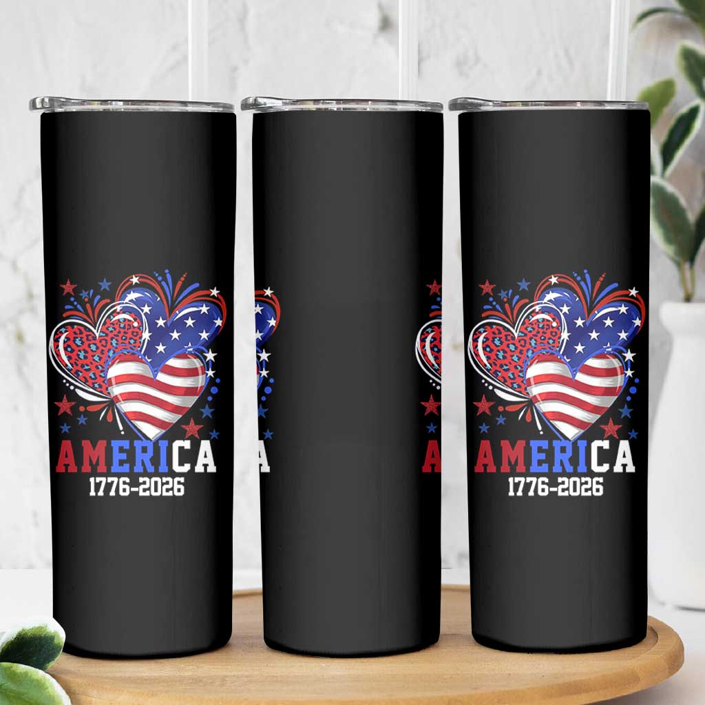 America 1776-2026 Patriotic Hearts Skinny Tumbler Semiquincentennial 250th Anniversary Red White Blue Stars and Stripes