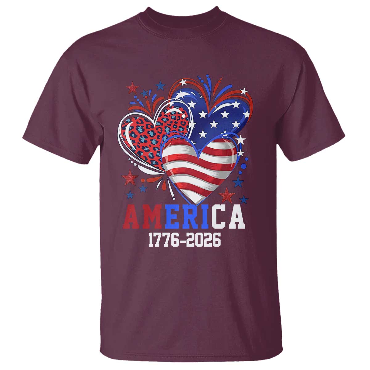 America 1776-2026 Patriotic Hearts T Shirt Semiquincentennial 250th Anniversary Red White Blue Stars and Stripes