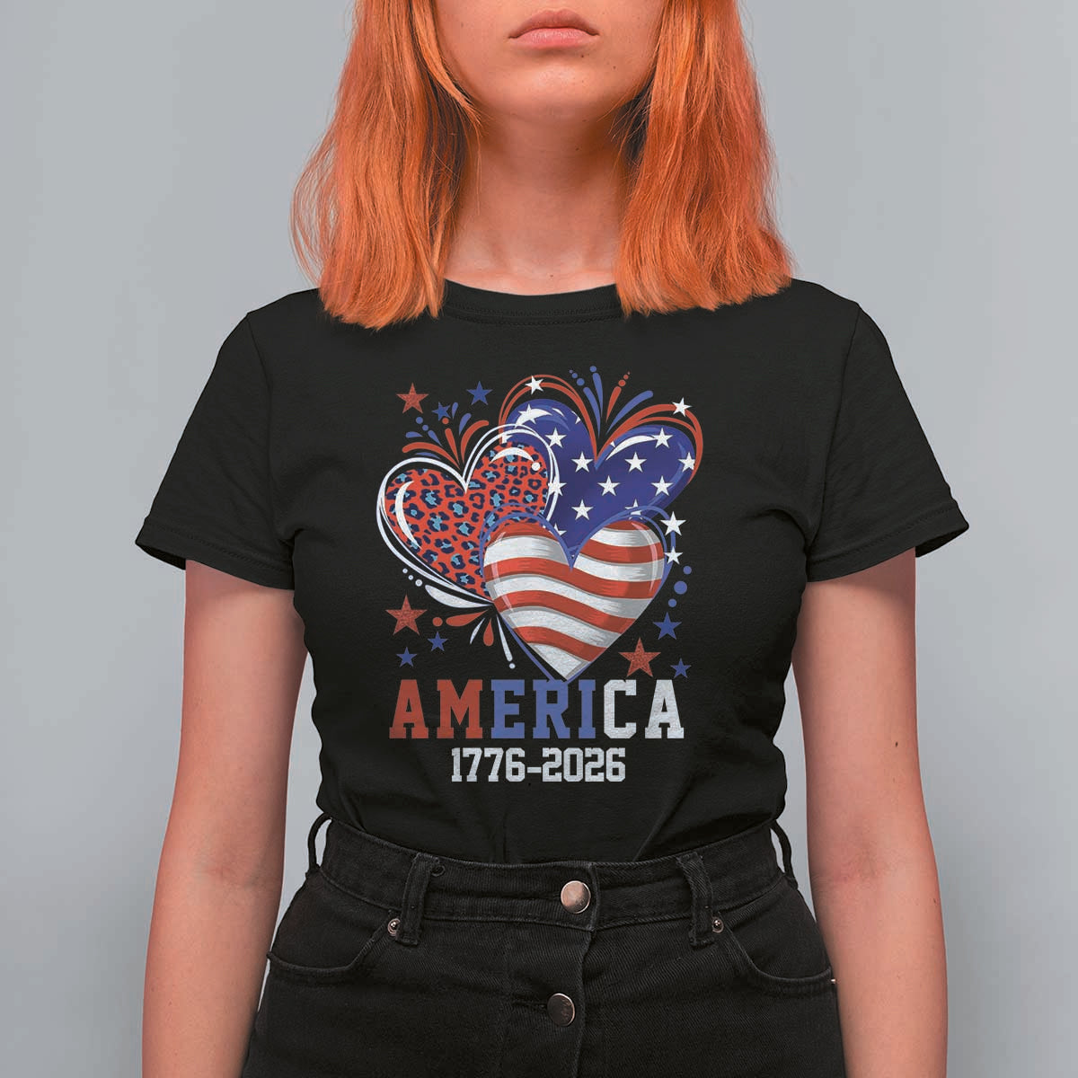 America 1776-2026 Patriotic Hearts T Shirt For Women Semiquincentennial 250th Anniversary Red White Blue Stars and Stripes