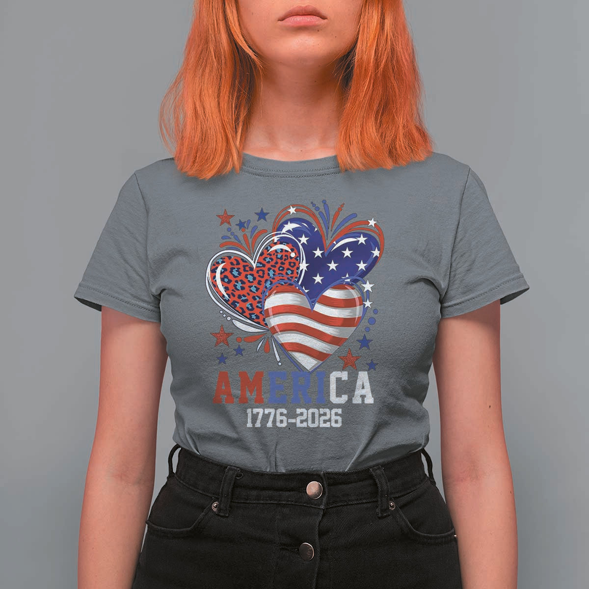 America 1776-2026 Patriotic Hearts T Shirt For Women Semiquincentennial 250th Anniversary Red White Blue Stars and Stripes