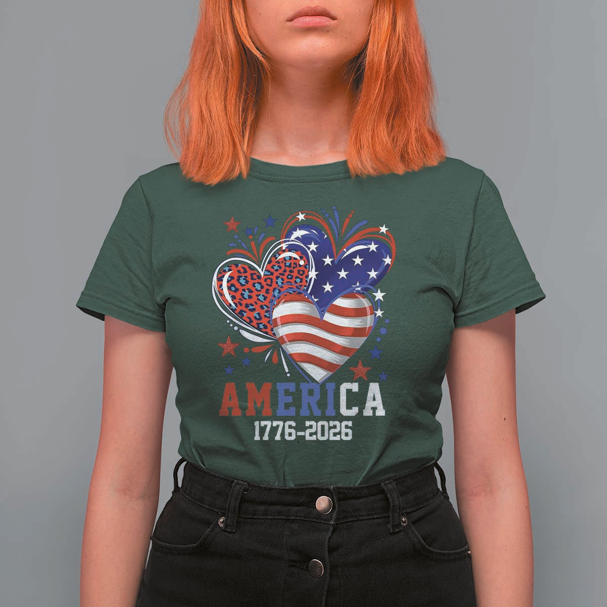 America 1776-2026 Patriotic Hearts T Shirt For Women Semiquincentennial 250th Anniversary Red White Blue Stars and Stripes