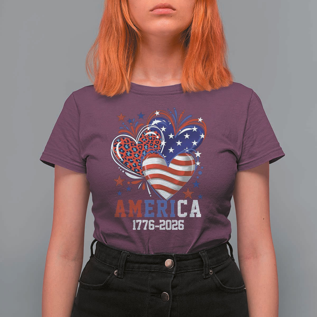 America 1776-2026 Patriotic Hearts T Shirt For Women Semiquincentennial 250th Anniversary Red White Blue Stars and Stripes