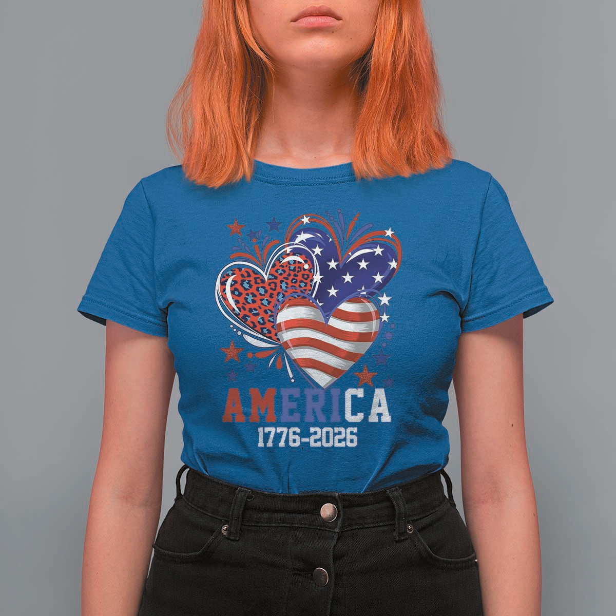 America 1776-2026 Patriotic Hearts T Shirt For Women Semiquincentennial 250th Anniversary Red White Blue Stars and Stripes