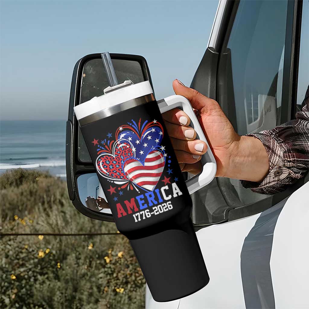 America 1776-2026 Patriotic Hearts Tumbler With Handle Semiquincentennial 250th Anniversary Red White Blue Stars and Stripes