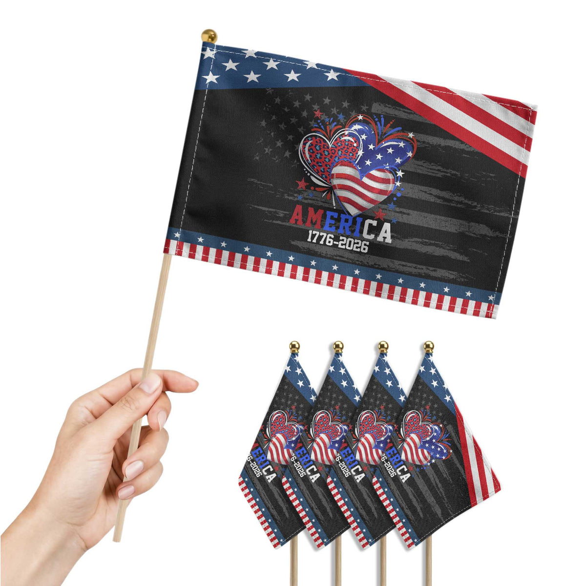 America 1776-2026 Patriotic Hearts Patriotic Handheld Flag Semiquincentennial 250th Anniversary Red White Blue Stars and Stripes