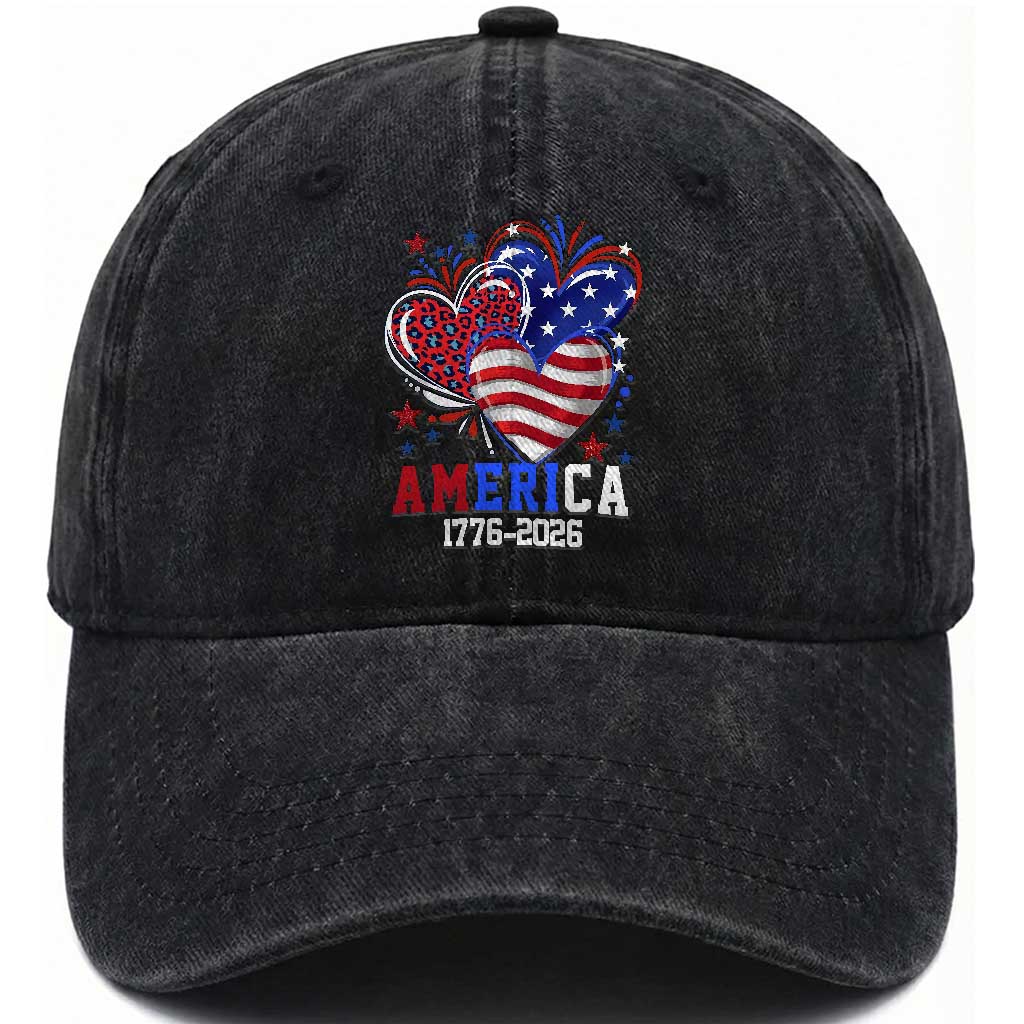 America 1776-2026 Patriotic Hearts Washed Cotton Baseball Cap Semiquincentennial 250th Anniversary Red White Blue Stars and Stripes