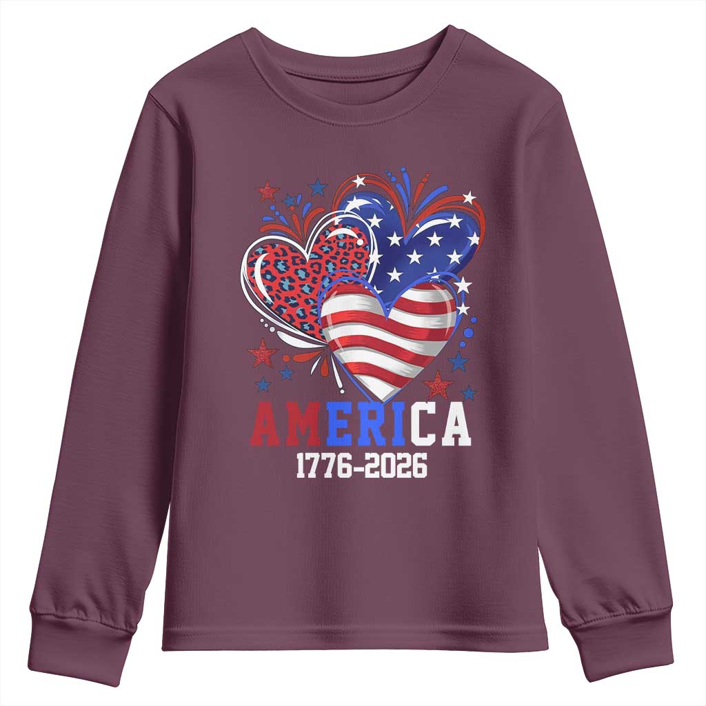 America 1776-2026 Patriotic Hearts Youth Sweatshirt Semiquincentennial 250th Anniversary Red White Blue Stars and Stripes