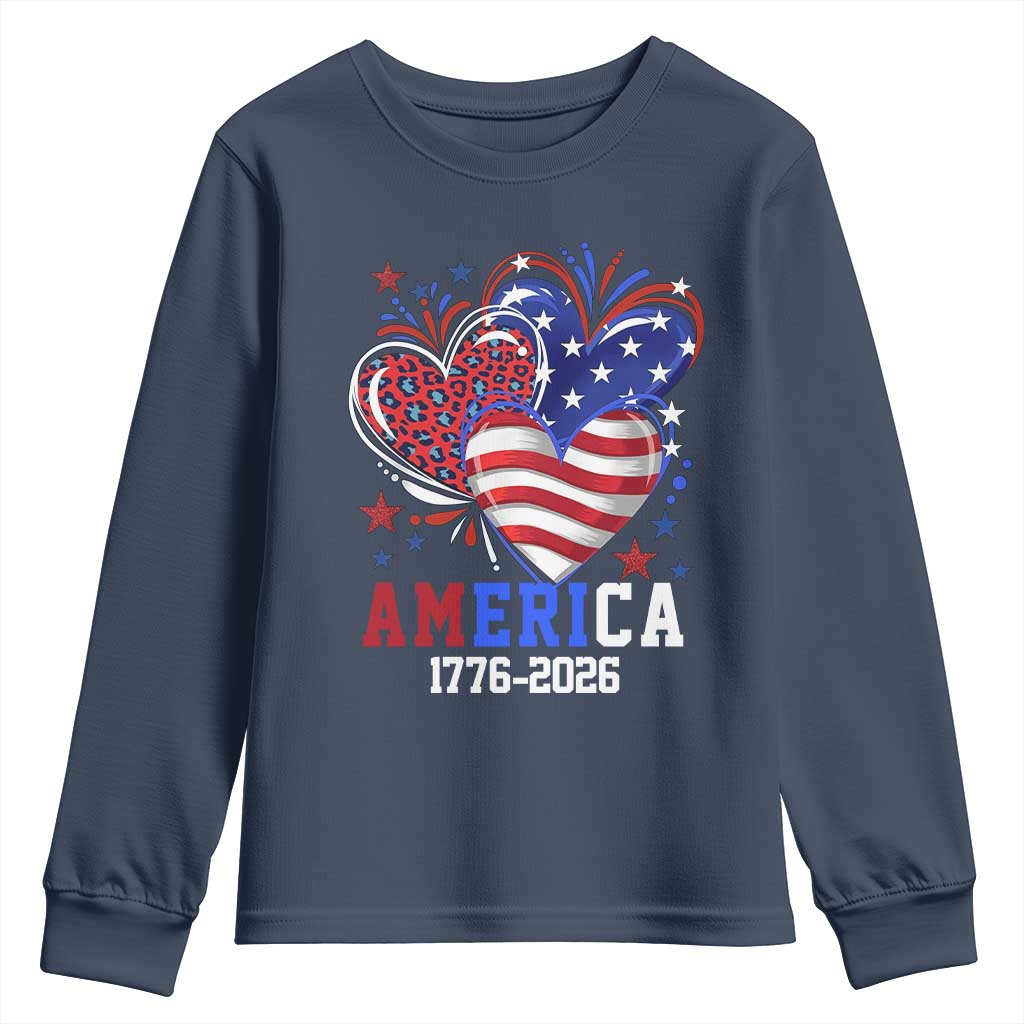 America 1776-2026 Patriotic Hearts Youth Sweatshirt Semiquincentennial 250th Anniversary Red White Blue Stars and Stripes