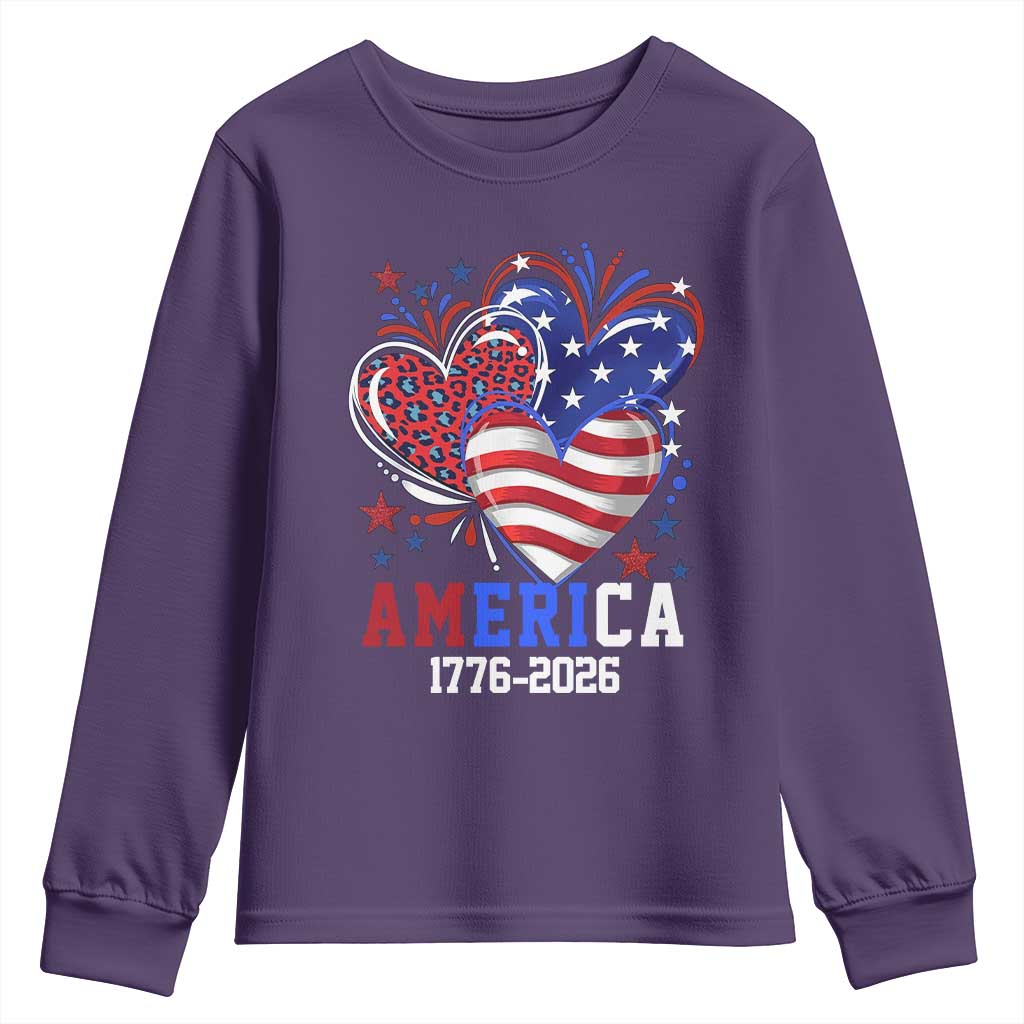 America 1776-2026 Patriotic Hearts Youth Sweatshirt Semiquincentennial 250th Anniversary Red White Blue Stars and Stripes