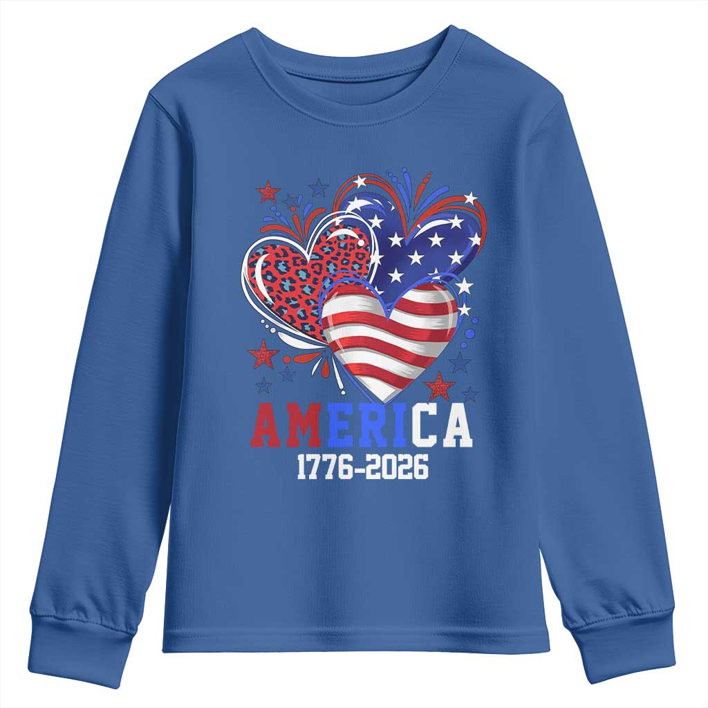 America 1776-2026 Patriotic Hearts Youth Sweatshirt Semiquincentennial 250th Anniversary Red White Blue Stars and Stripes