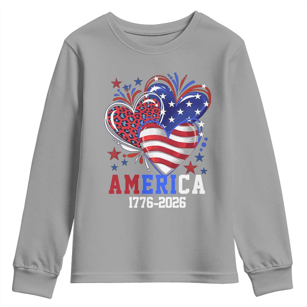 America 1776-2026 Patriotic Hearts Youth Sweatshirt Semiquincentennial 250th Anniversary Red White Blue Stars and Stripes