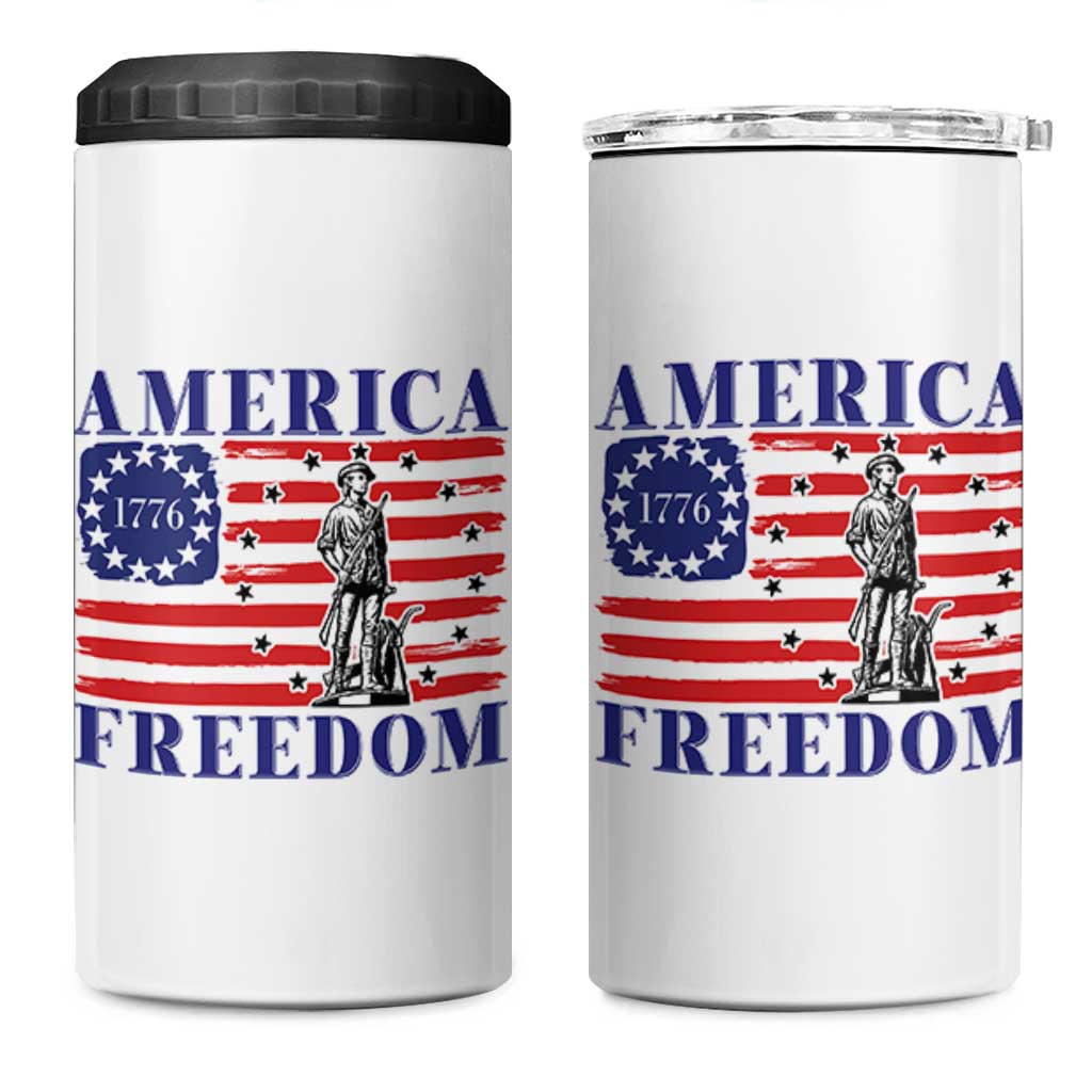 America Freedom 1776 Revolutionary War 4 in 1 Can Cooler Tumbler Minuteman Betsy Ross Flag Patriotic History