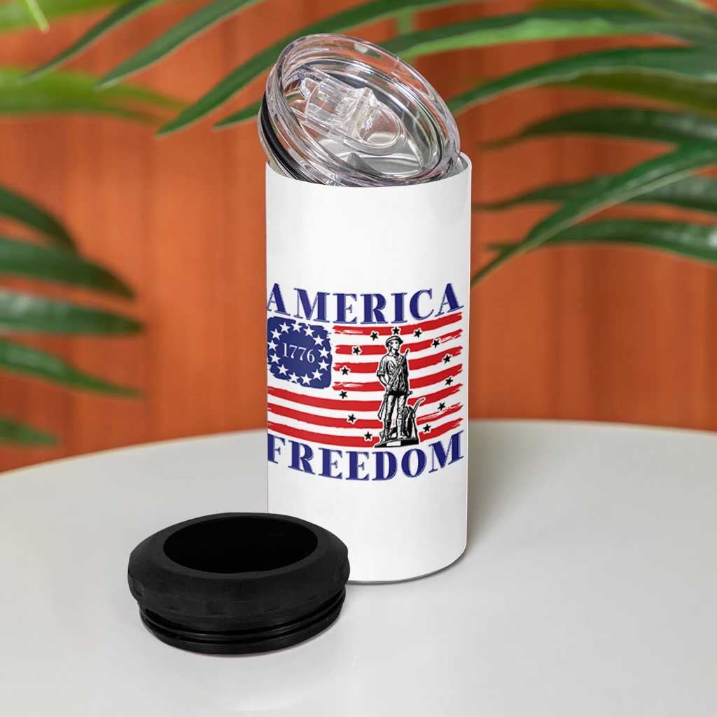 America Freedom 1776 Revolutionary War 4 in 1 Can Cooler Tumbler Minuteman Betsy Ross Flag Patriotic History