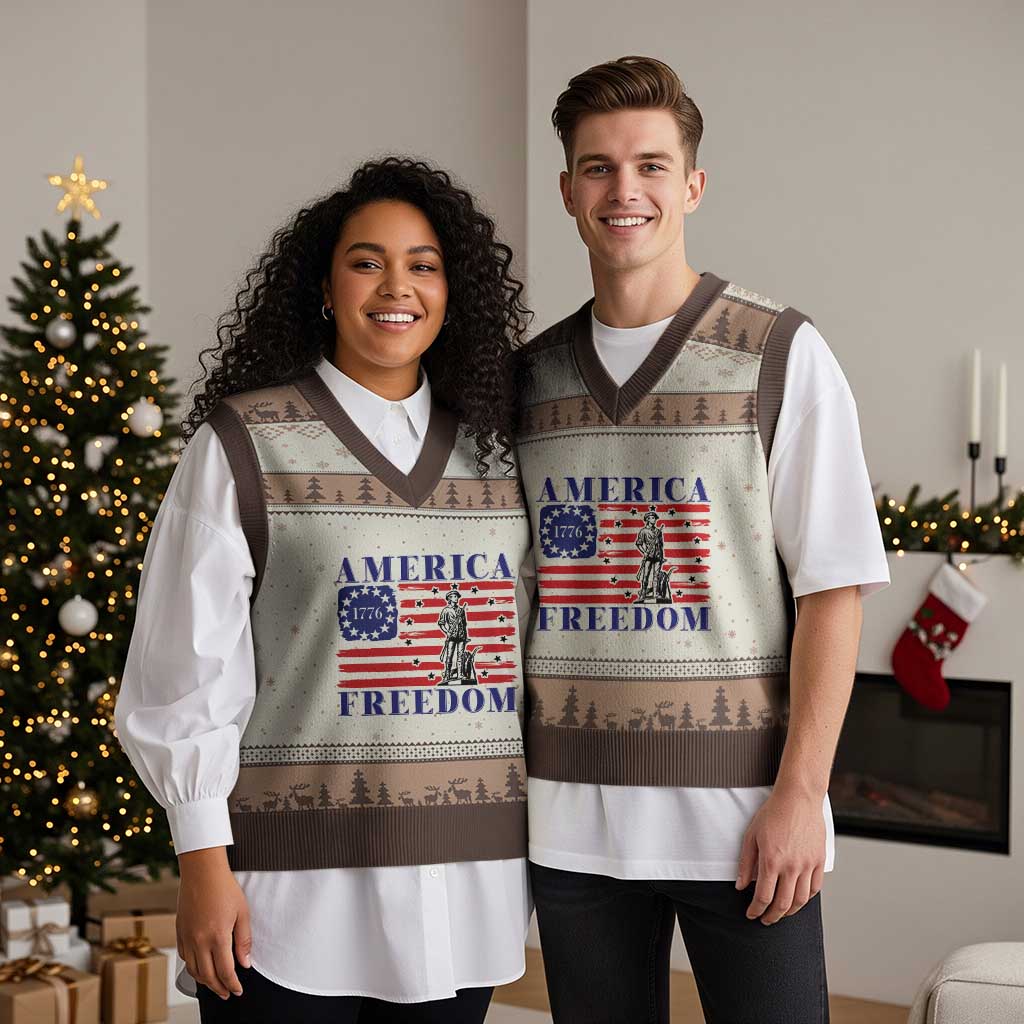 America Freedom 1776 Revolutionary War V-Neck Knit Sweater Vest Minuteman Betsy Ross Flag Patriotic History