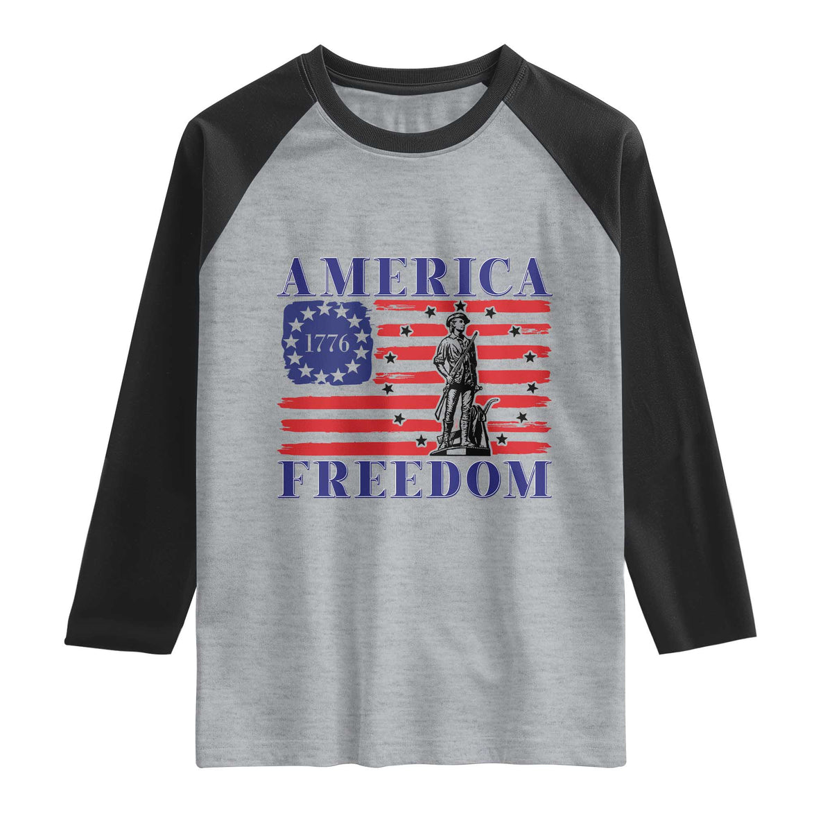 America Freedom 1776 Revolutionary War Raglan Shirt Minuteman Betsy Ross Flag Patriotic History