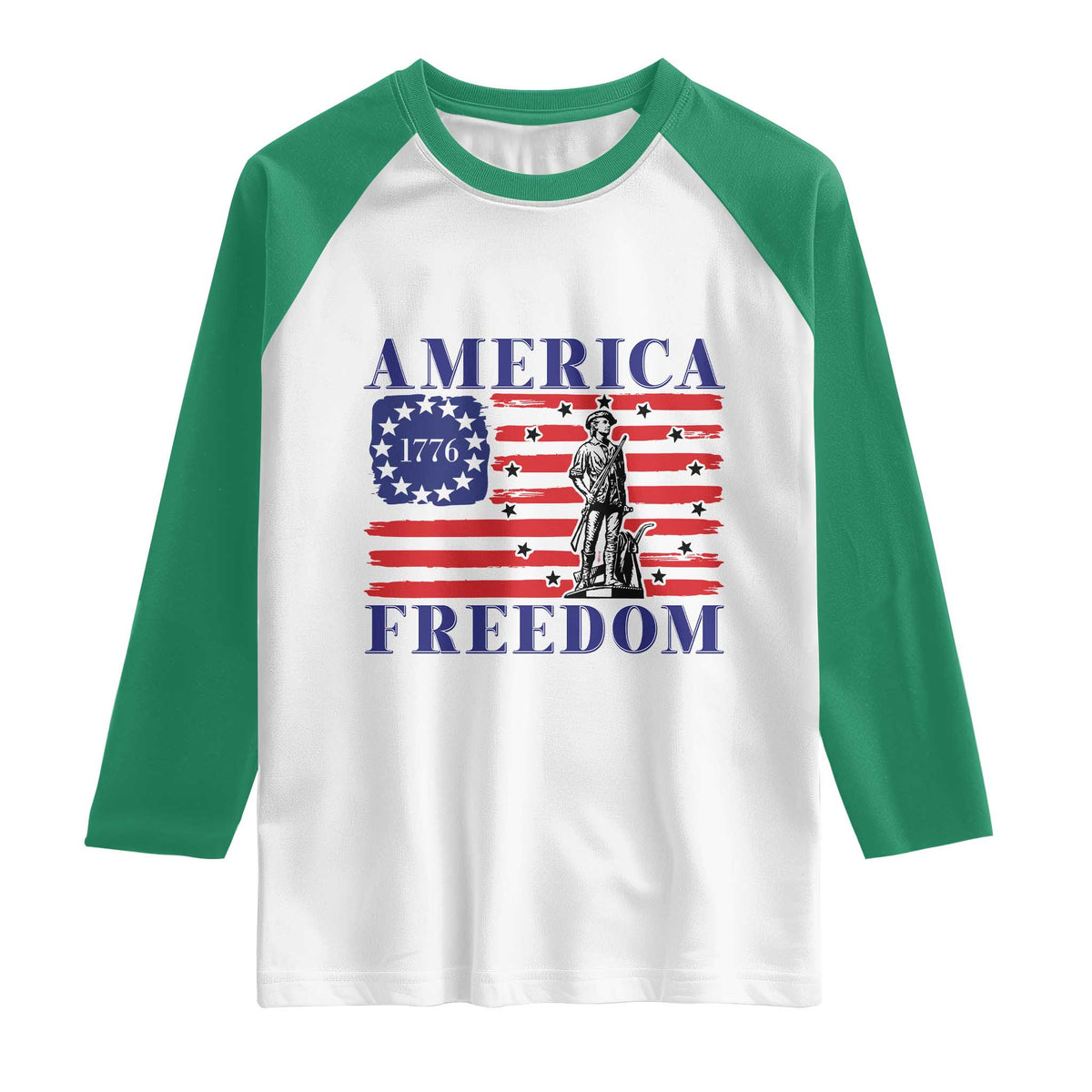 America Freedom 1776 Revolutionary War Raglan Shirt Minuteman Betsy Ross Flag Patriotic History