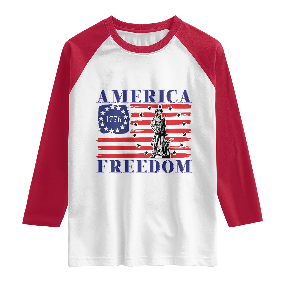 America Freedom 1776 Revolutionary War Raglan Shirt Minuteman Betsy Ross Flag Patriotic History