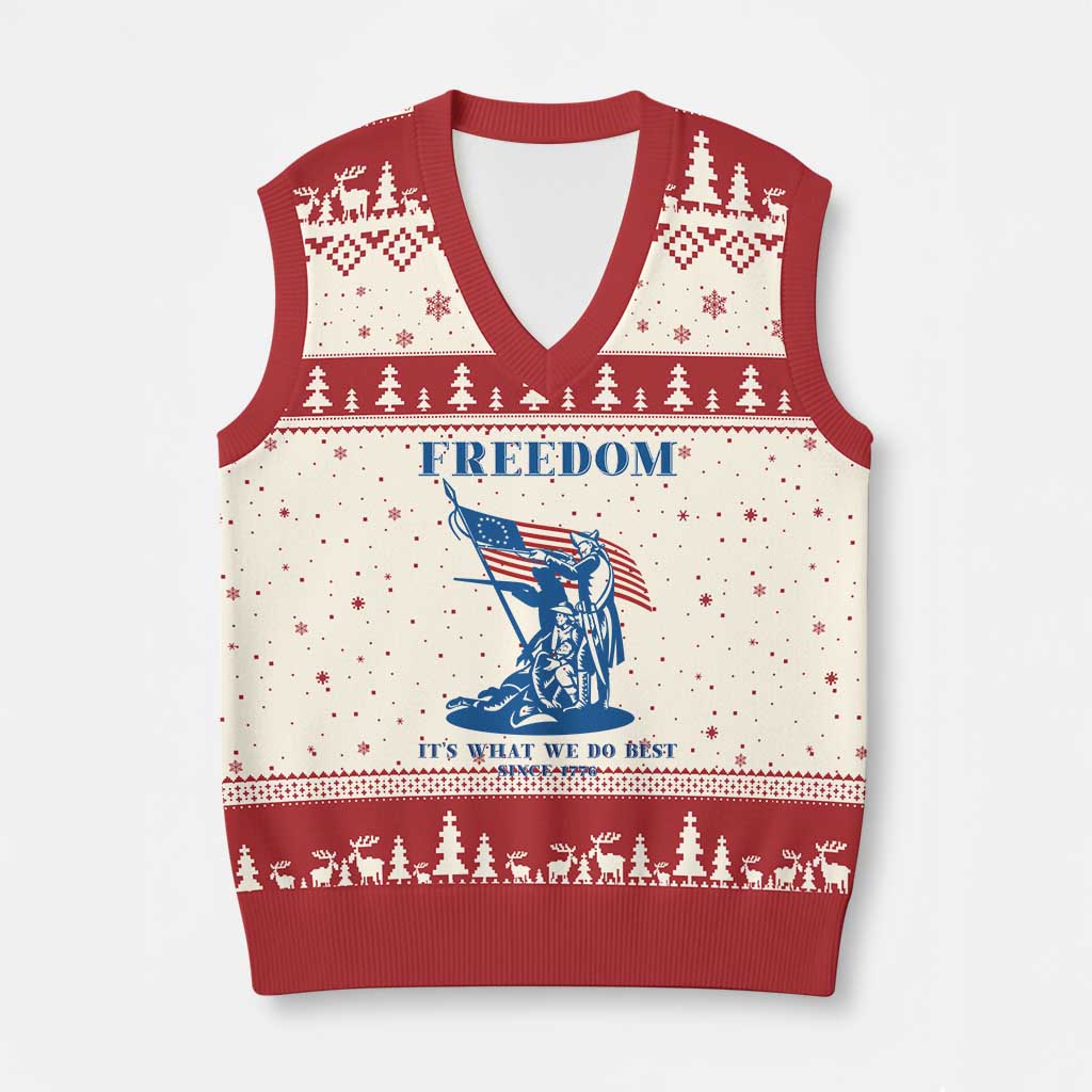 Freedom It’s What We Do Best Since 1776 V-Neck Knit Sweater Vest Revolutionary War Patriot Battle Scene