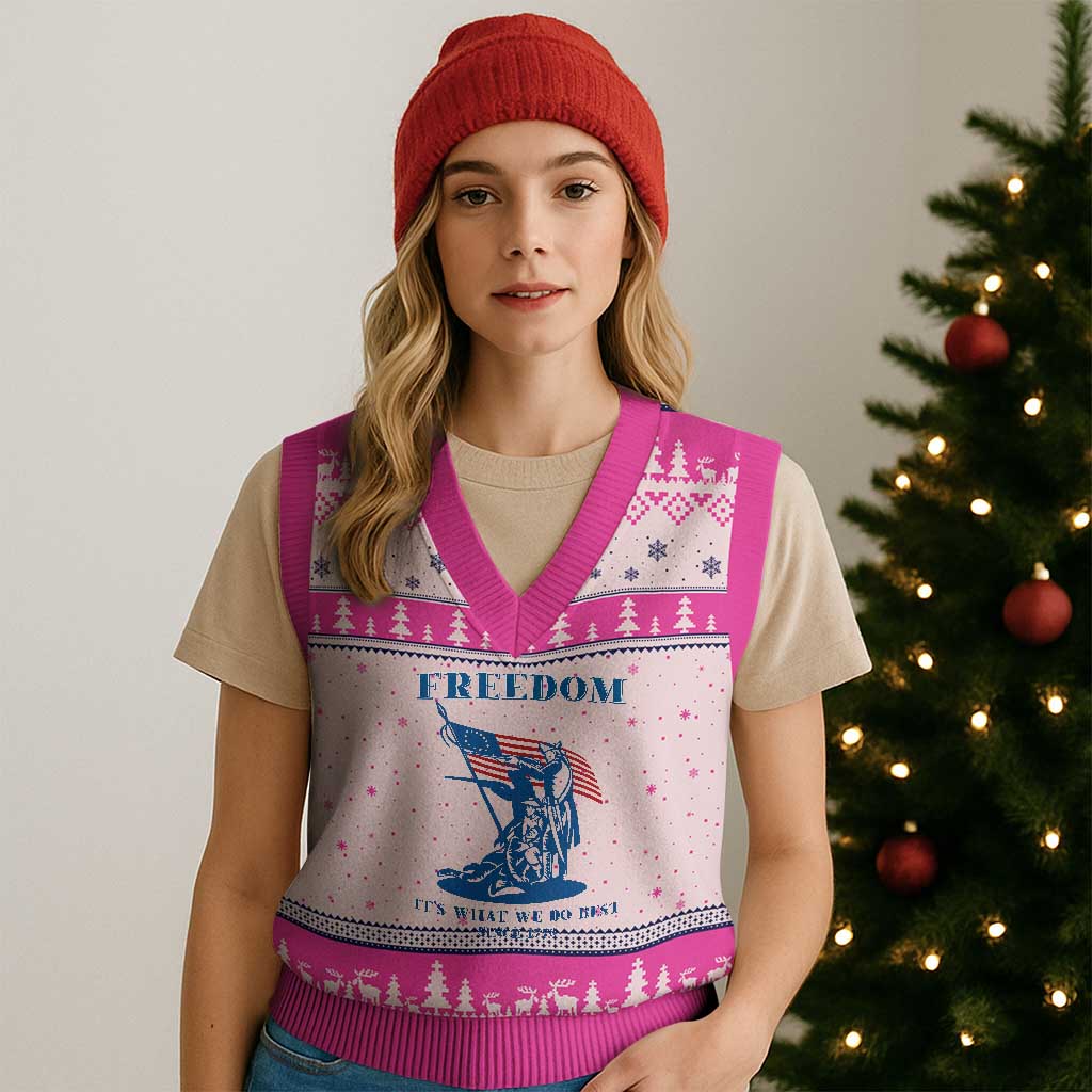 Freedom It’s What We Do Best Since 1776 V-Neck Knit Sweater Vest Revolutionary War Patriot Battle Scene